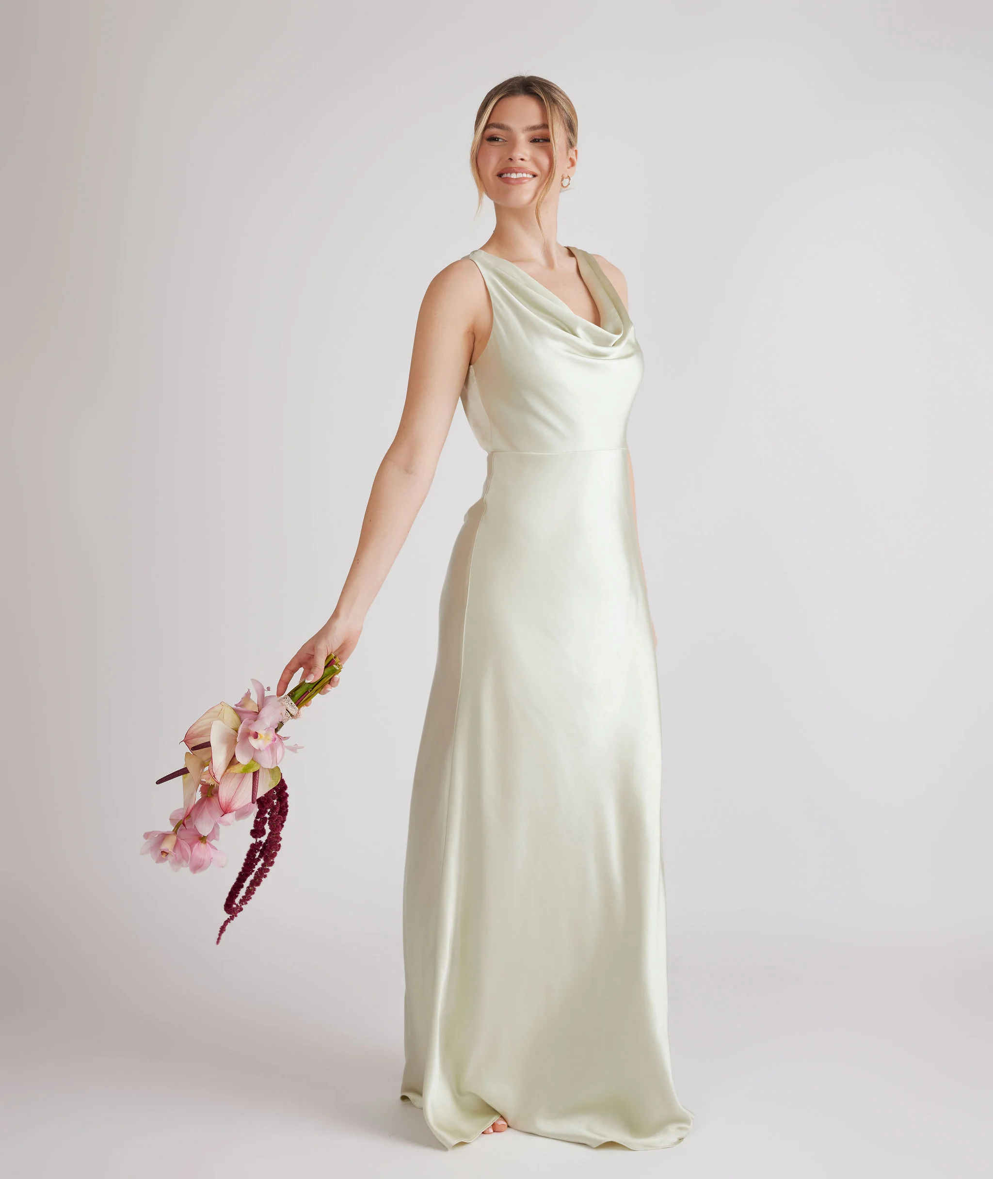 Cowl Front Satin Bridesmaid Dress - Pear Green - Image 2