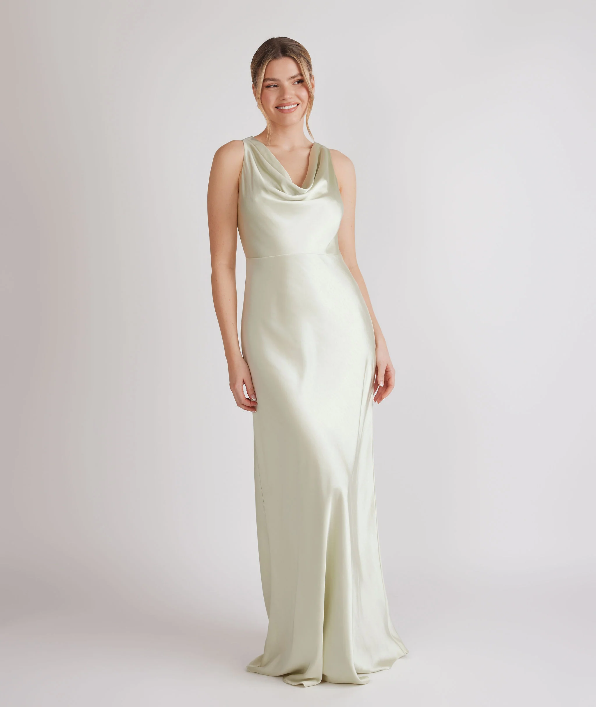 Cowl Front Satin Bridesmaid Dress - Pear Green - Image 3