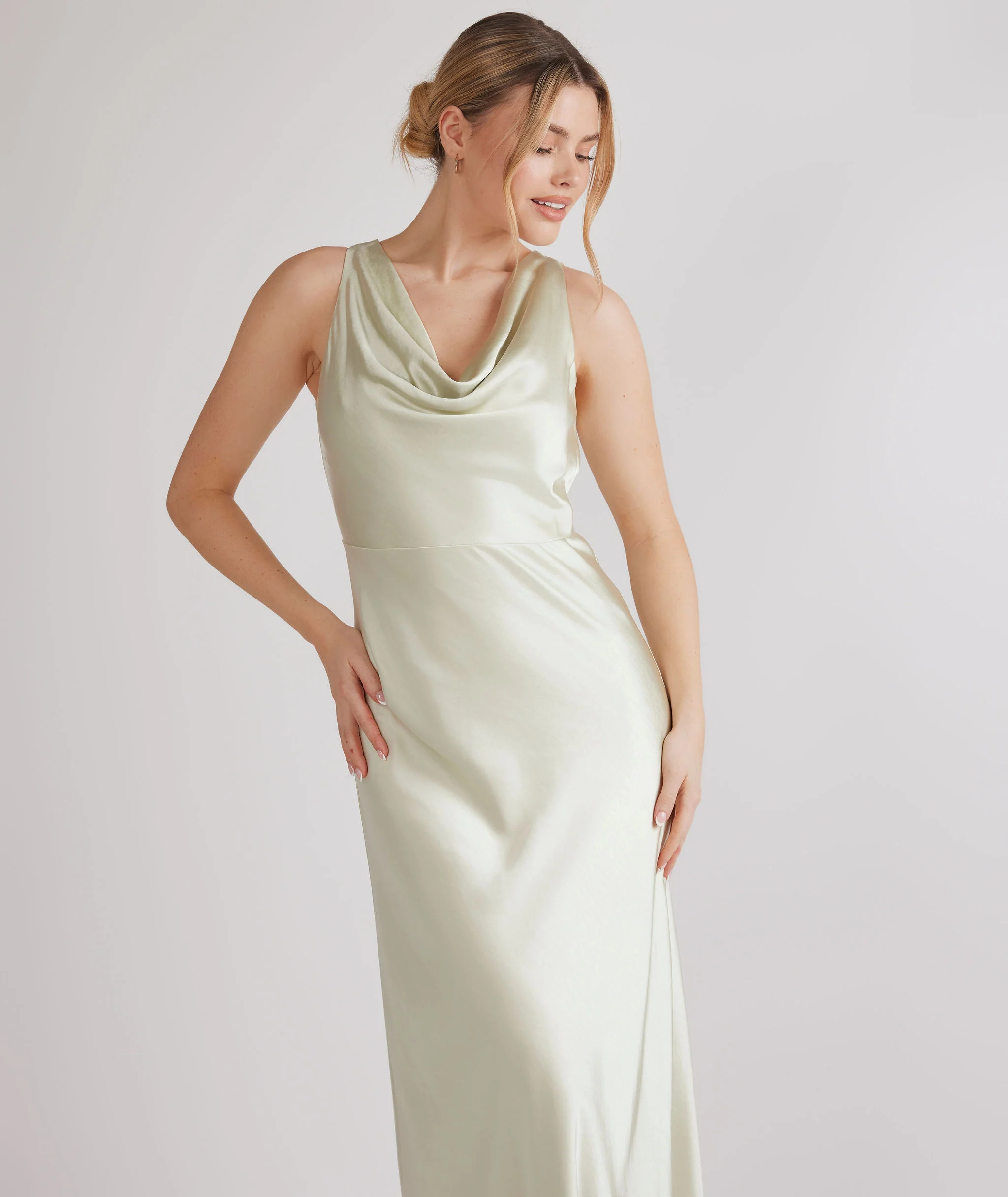 Cowl Front Satin Bridesmaid Dress - Pear Green - Image 4