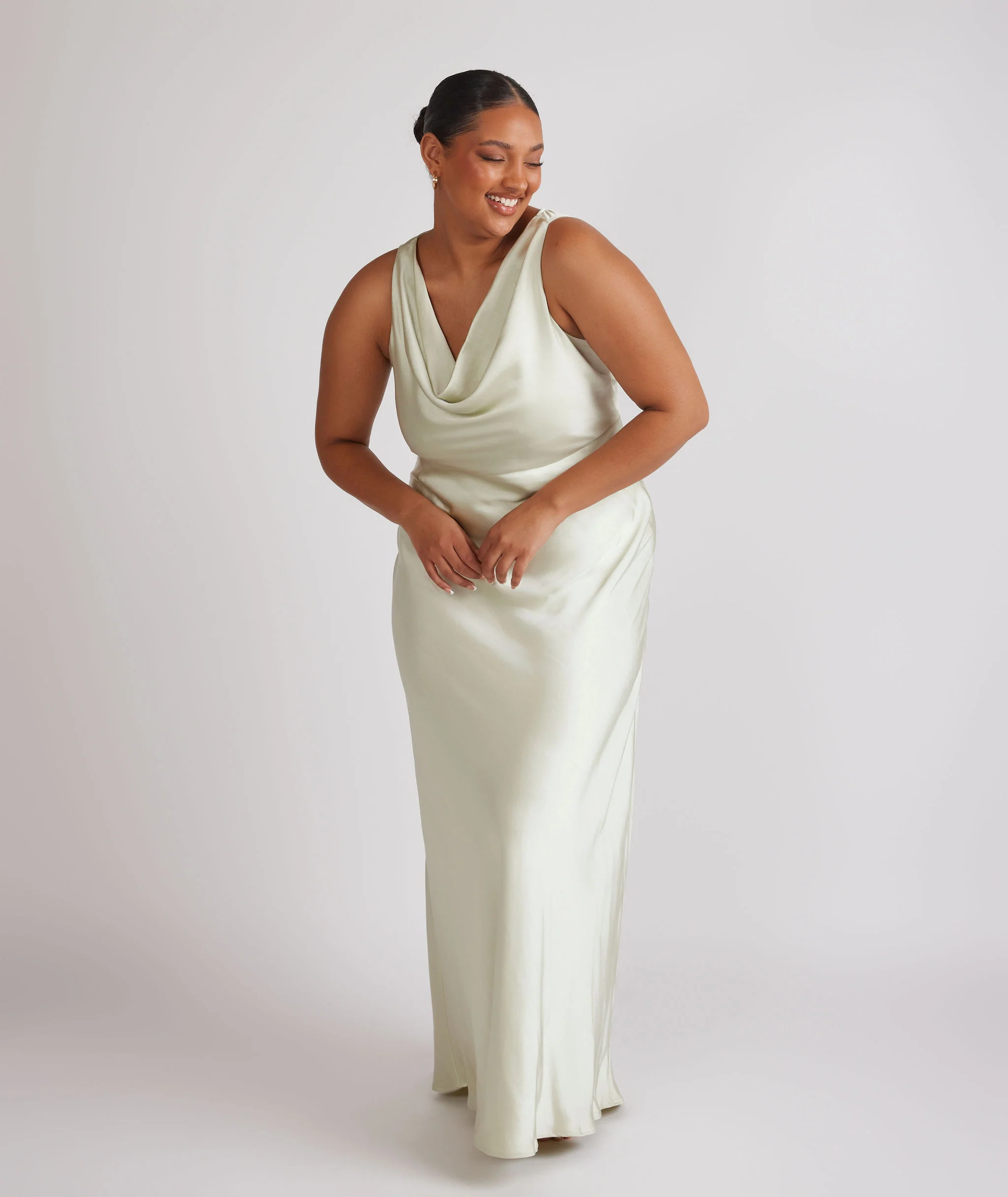 Cowl Front Satin Bridesmaid Dress - Pear Green - Image 5
