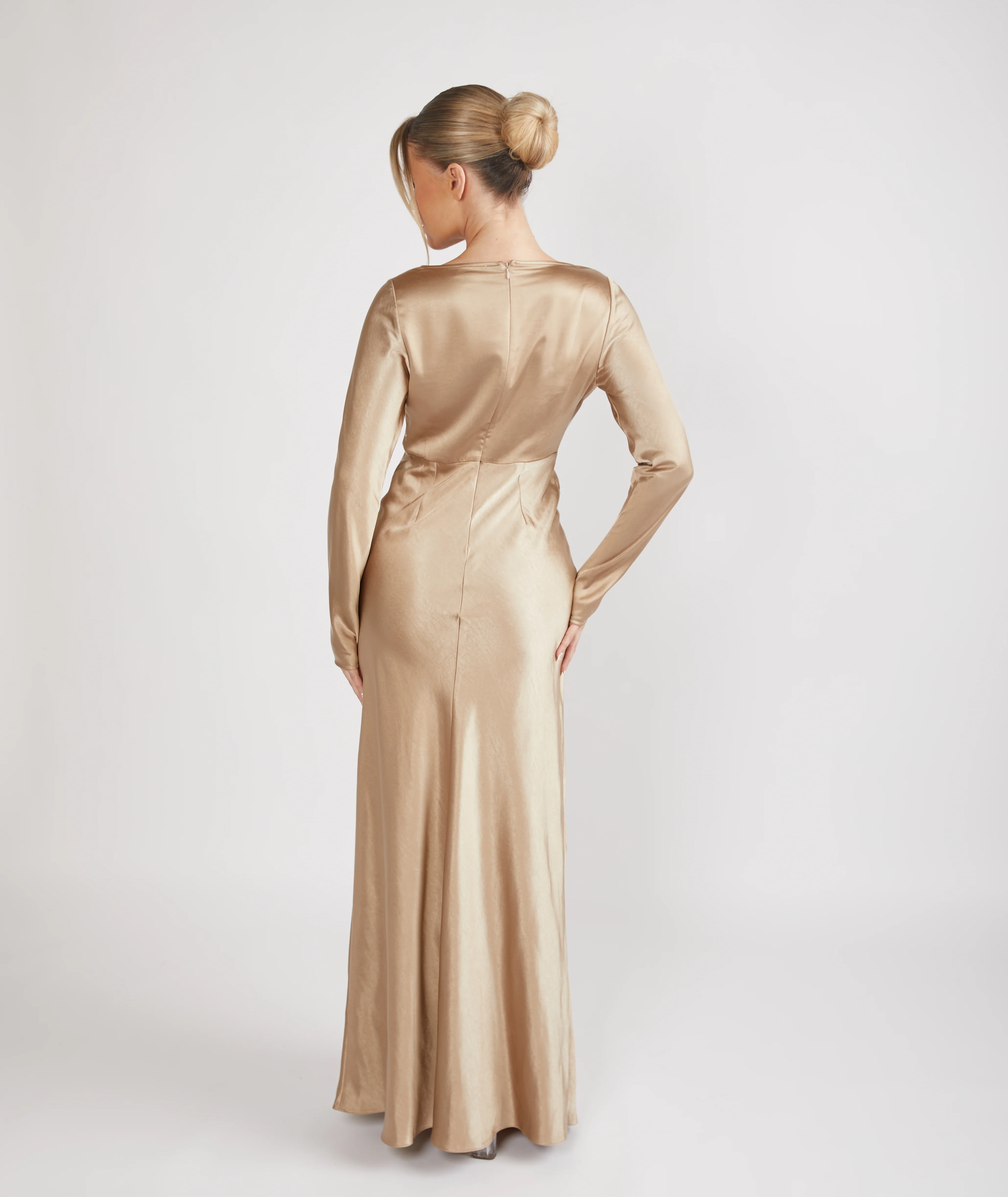 Cowl Long Sleeve Satin Bridesmaid Dress - Champagne - Image 5