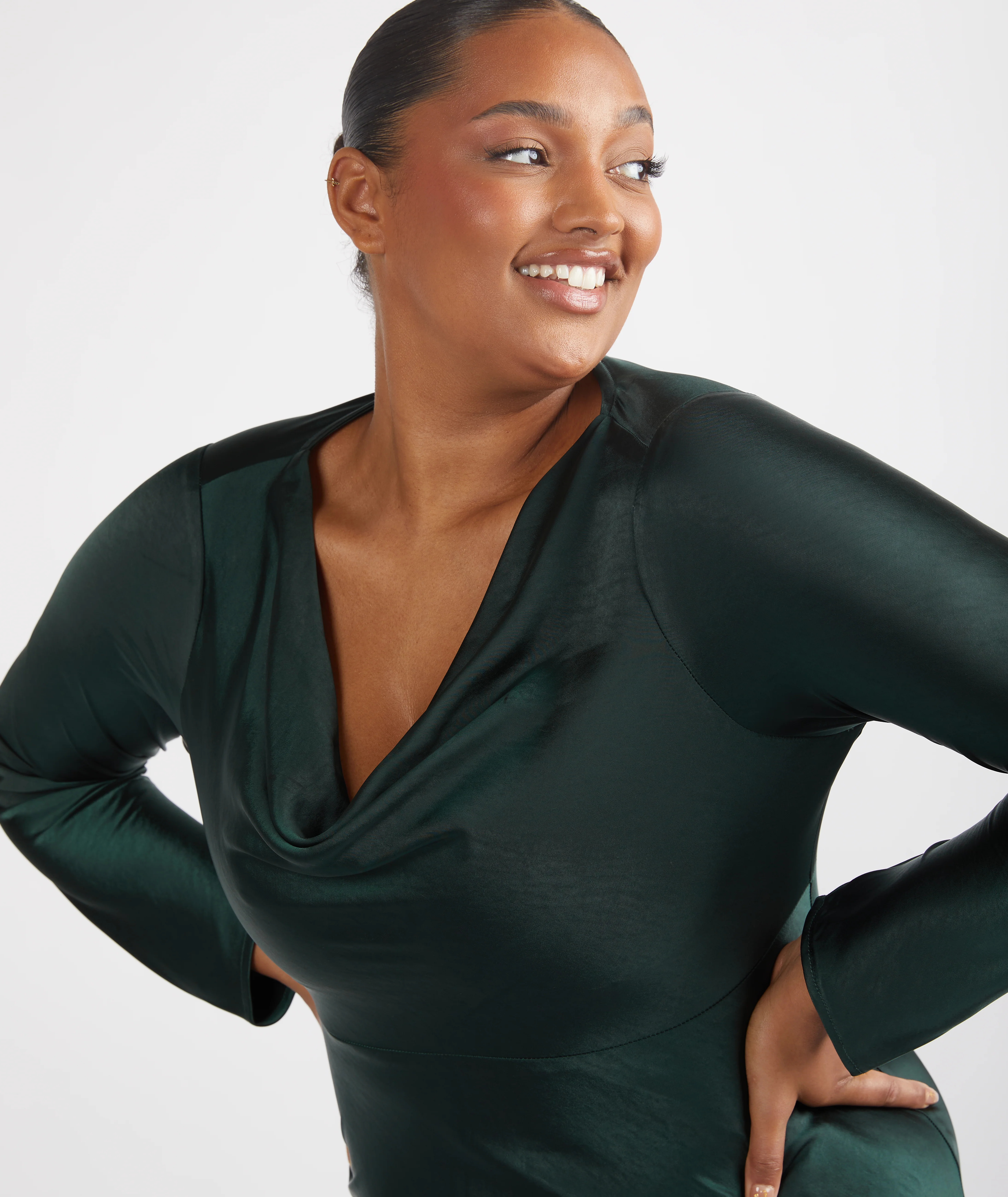 Cowl Long Sleeve Satin Bridesmaid Dress - Emerald - Image 3