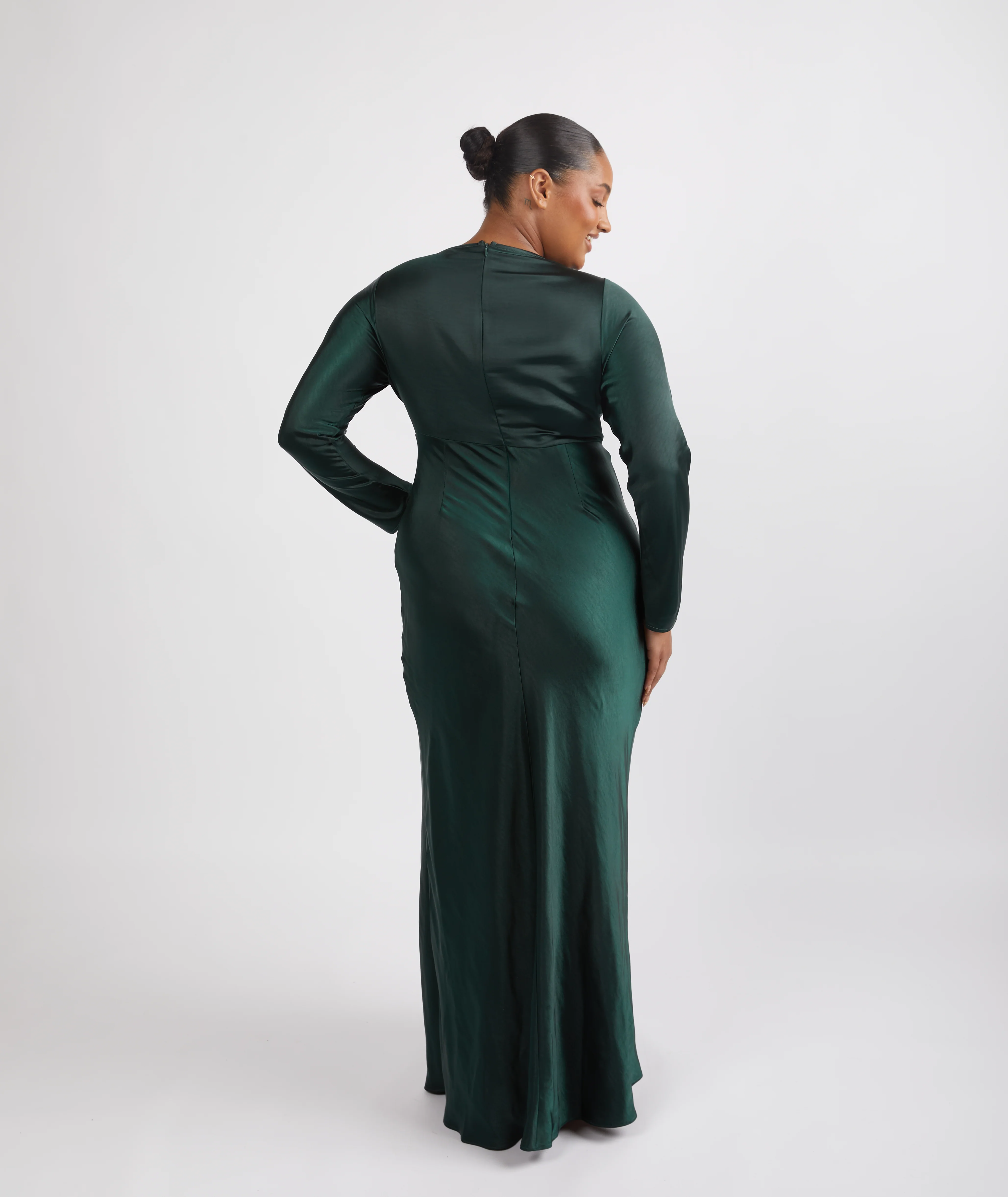 Cowl Long Sleeve Satin Bridesmaid Dress - Emerald - Image 4