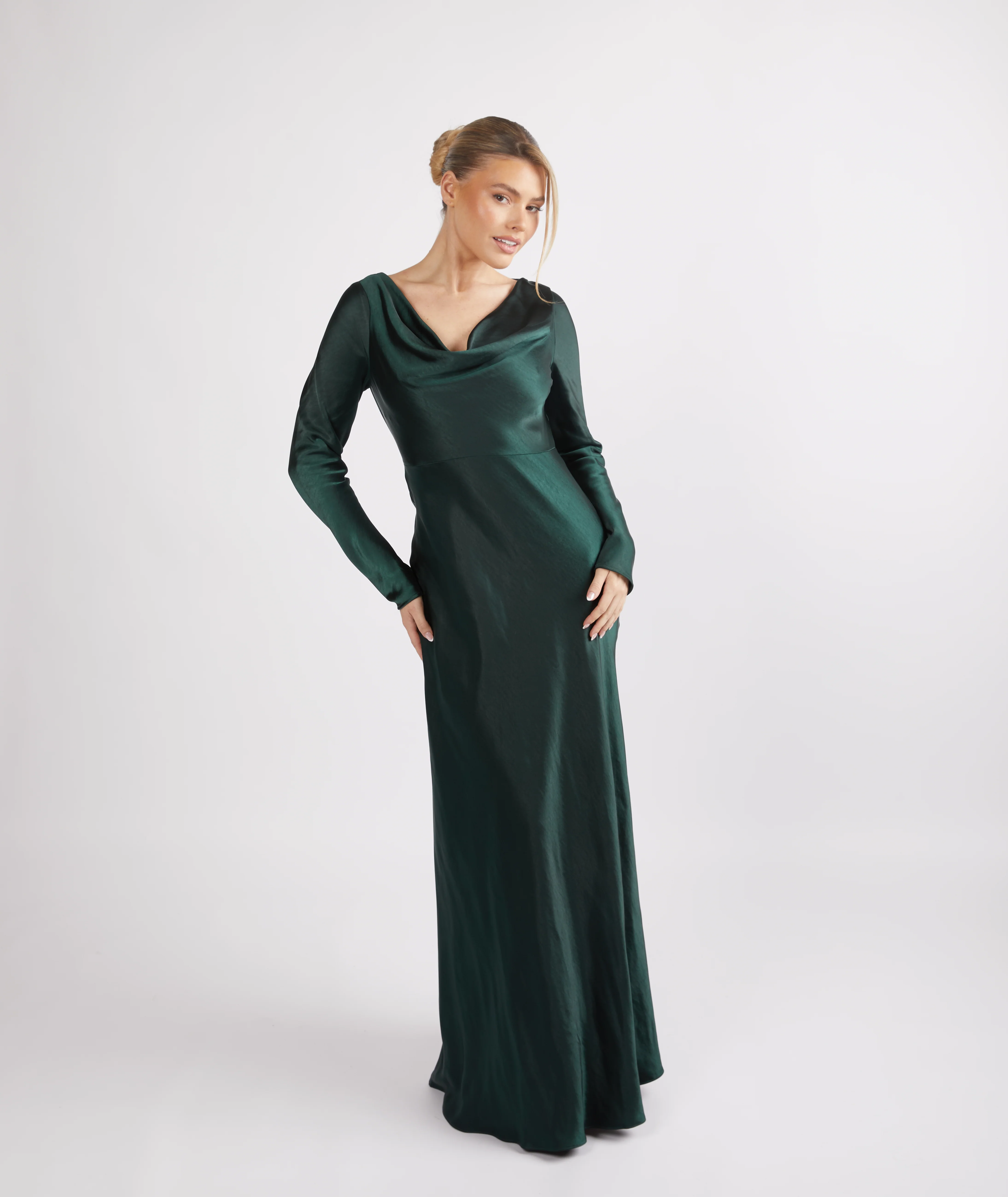 Cowl Long Sleeve Satin Bridesmaid Dress - Emerald - Image 5