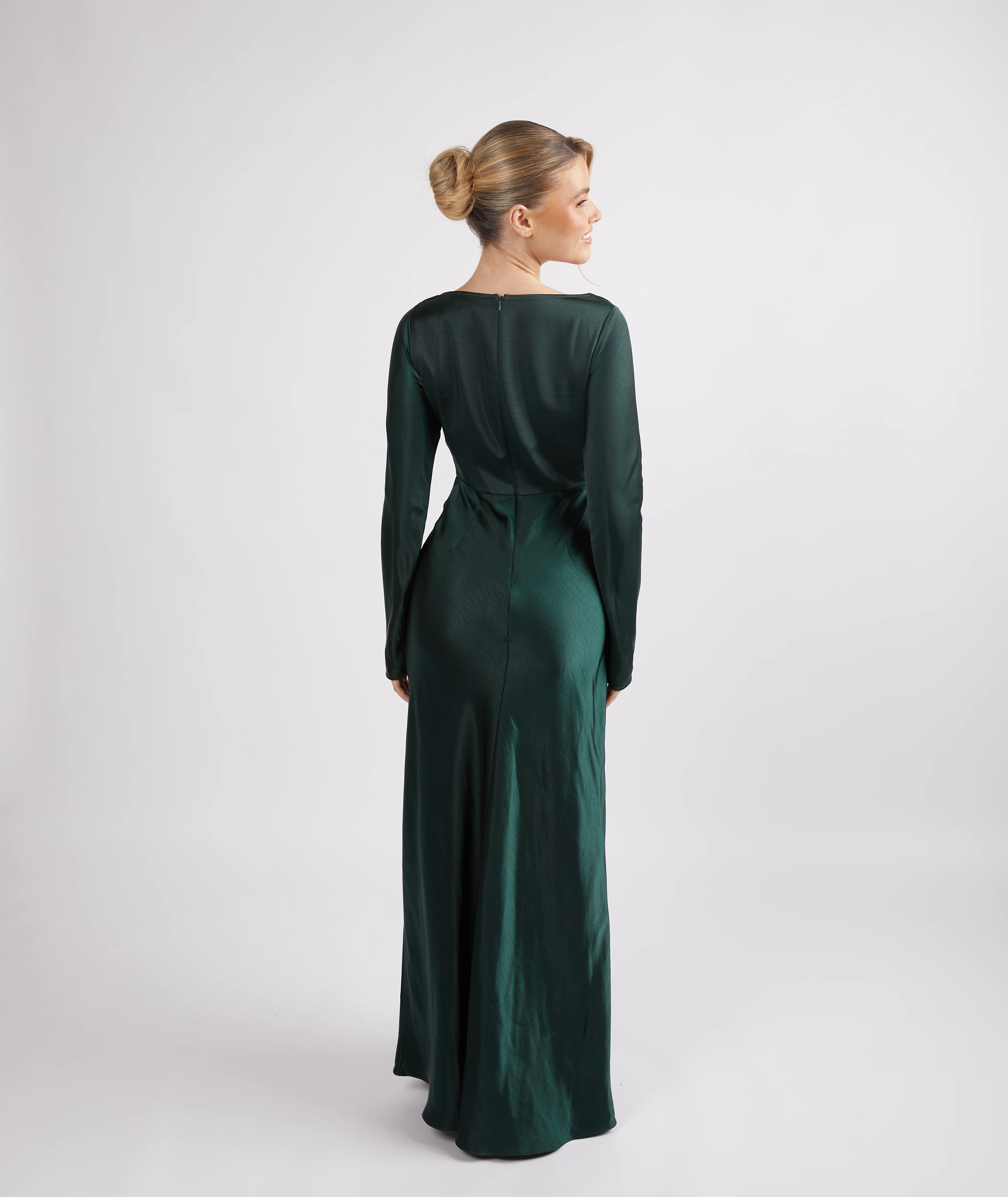Cowl Long Sleeve Satin Bridesmaid Dress - Emerald - Image 7
