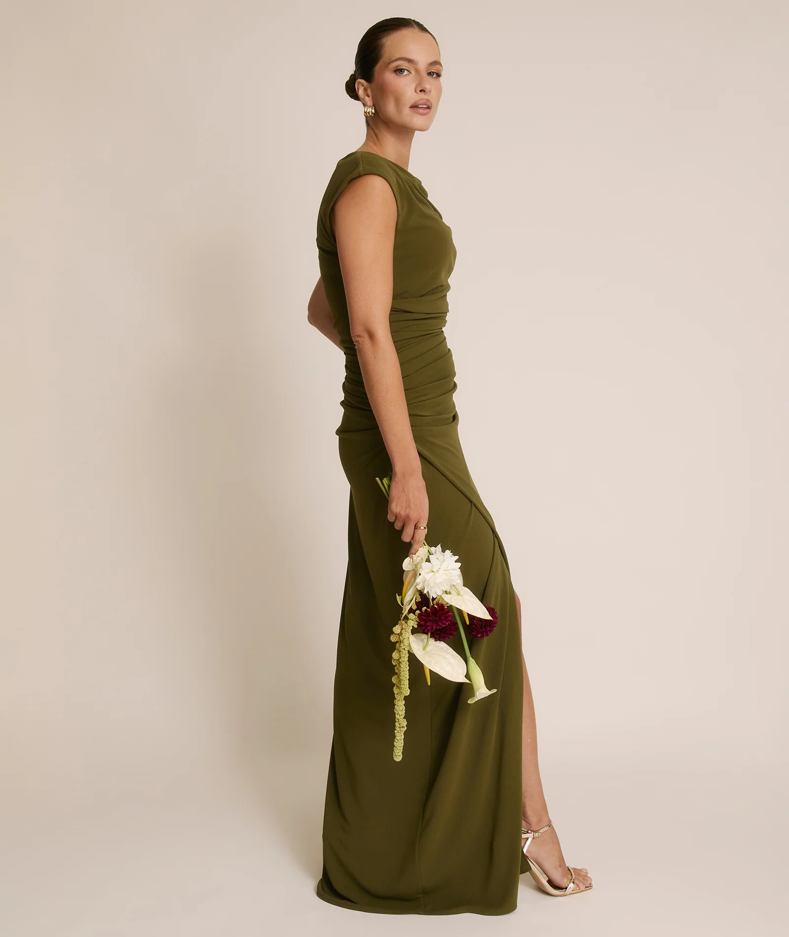 Cowl Wrap Neck Stretch Sculpt Bridesmaid Dress - Fern Green - Image 6