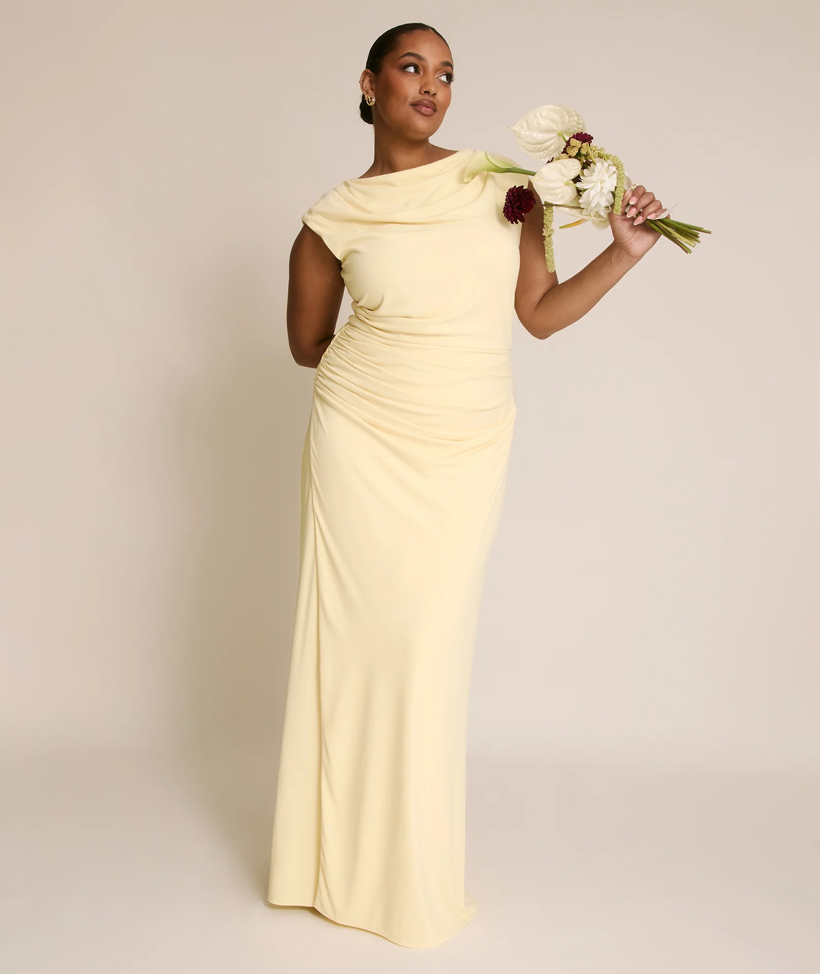 Cowl Wrap Neck Stretch Sculpt Bridesmaid Dress - Lemon - Image 3