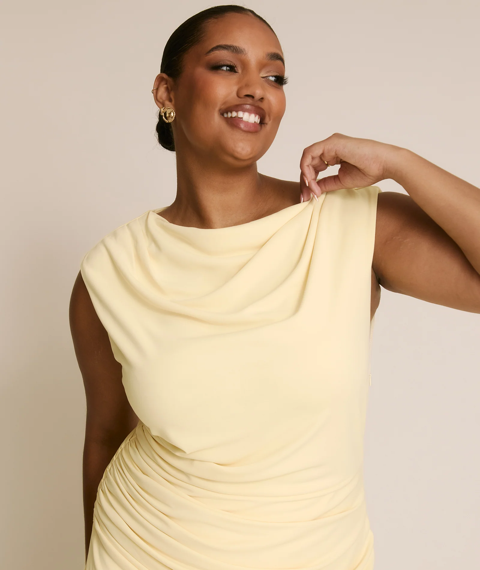 Cowl Wrap Neck Stretch Sculpt Bridesmaid Dress - Lemon - Image 6