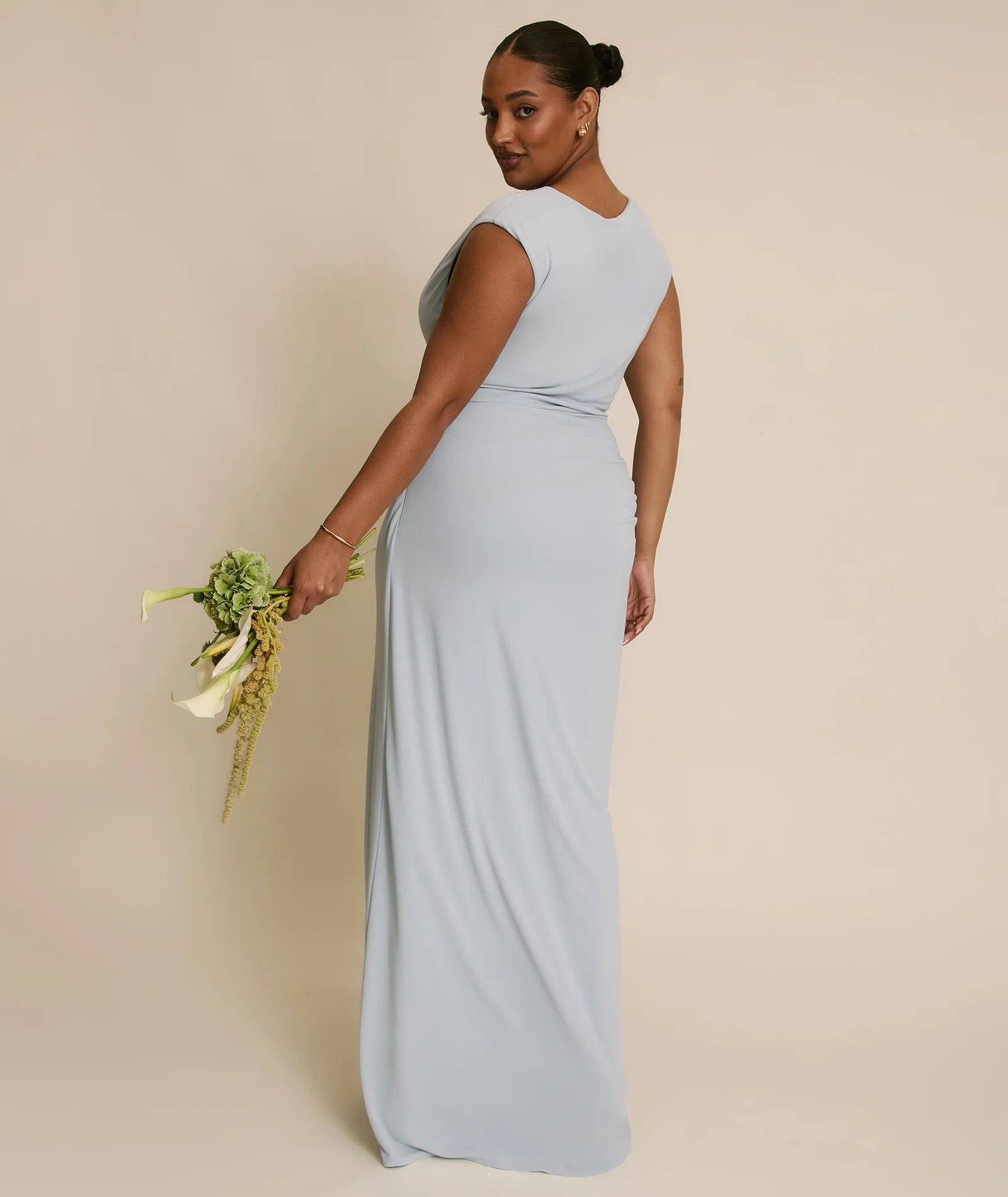 Cowl Wrap Neck Stretch Sculpt Bridesmaid Dress - Pale Blue - Image 3