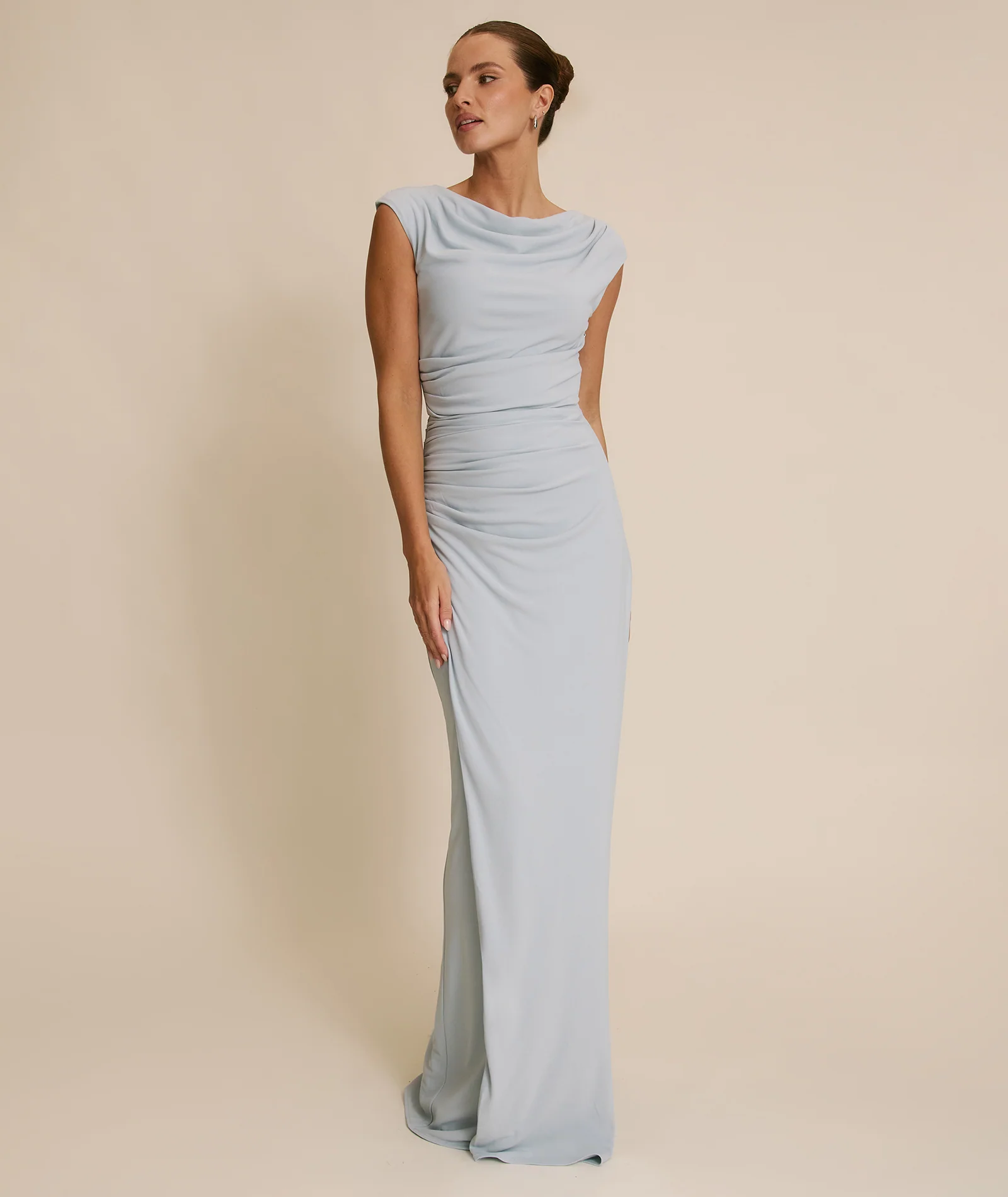 Cowl Wrap Neck Stretch Sculpt Bridesmaid Dress - Pale Blue - Image 4