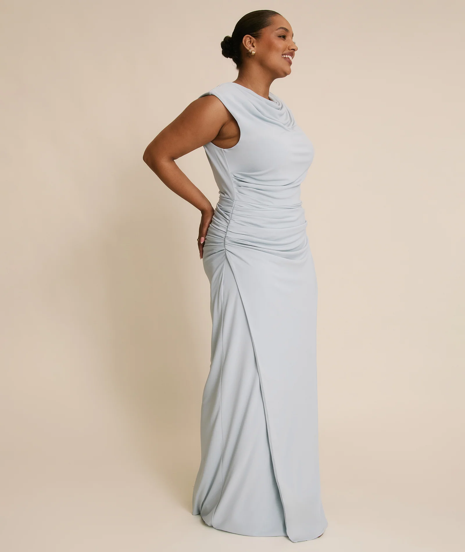 Cowl Wrap Neck Stretch Sculpt Bridesmaid Dress - Pale Blue - Image 5