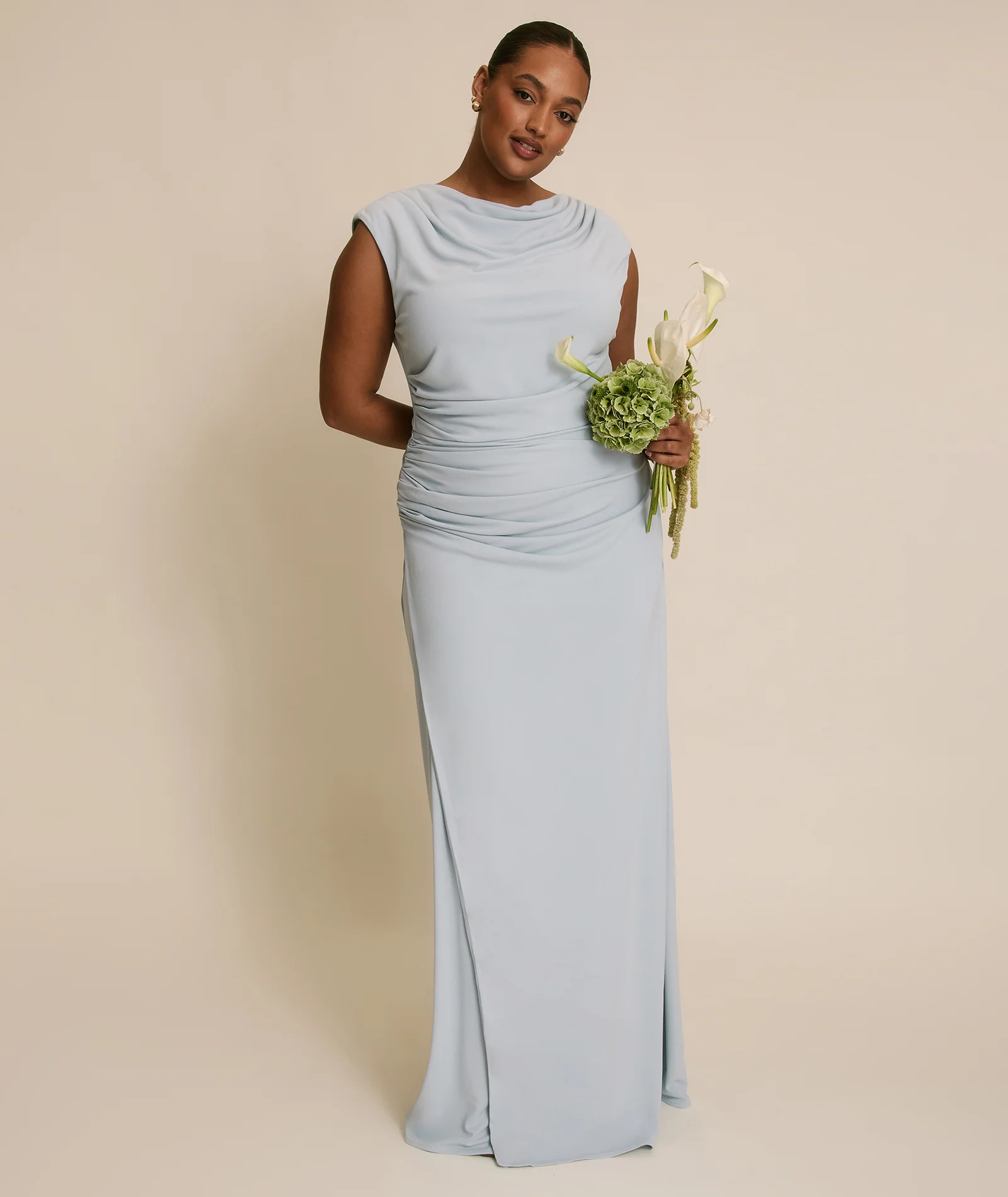 Cowl Wrap Neck Stretch Sculpt Bridesmaid Dress - Pale Blue - Image 6