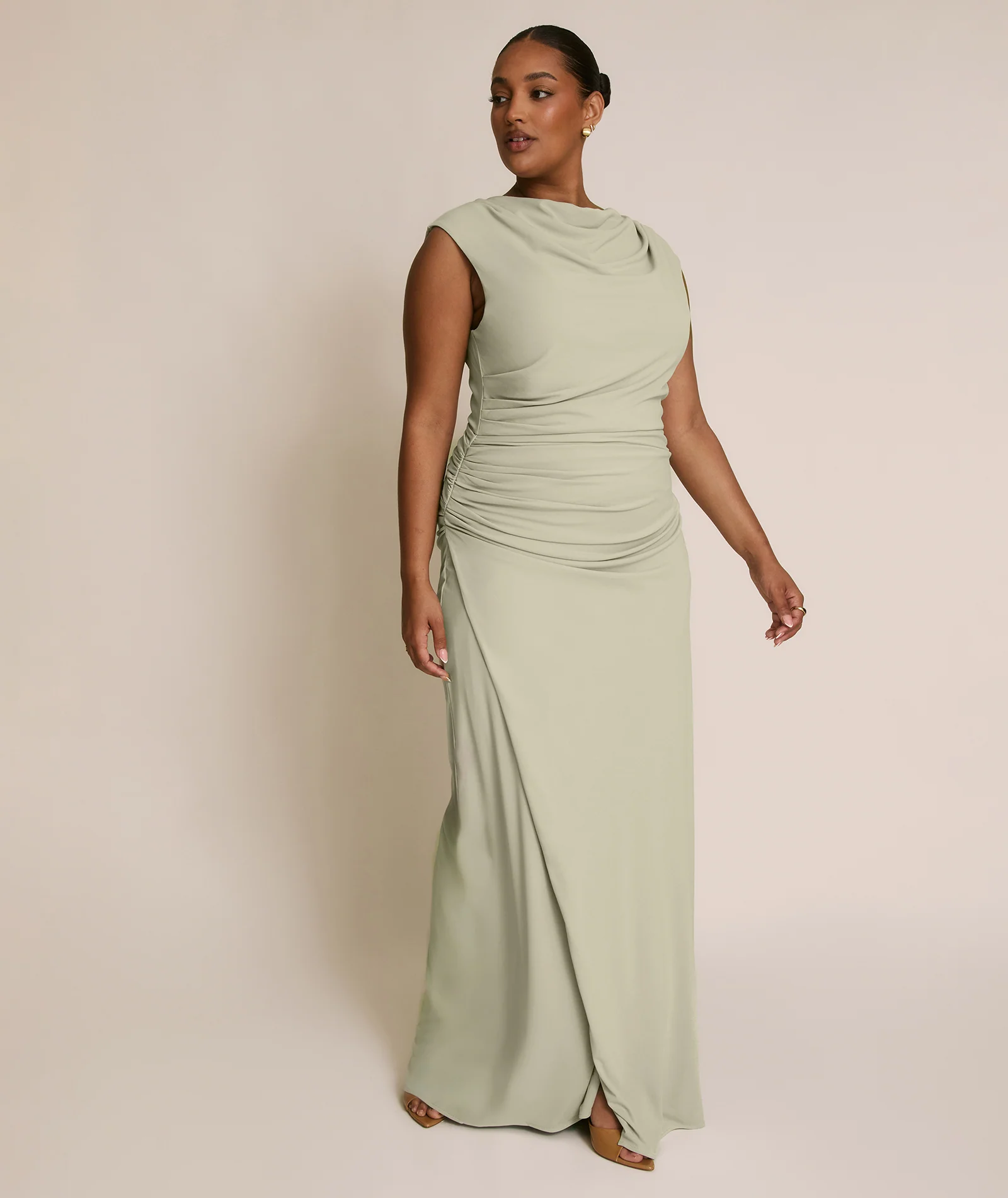 Cowl Wrap Neck Stretch Sculpt Bridesmaid Dress - Soft Sage - Image 3