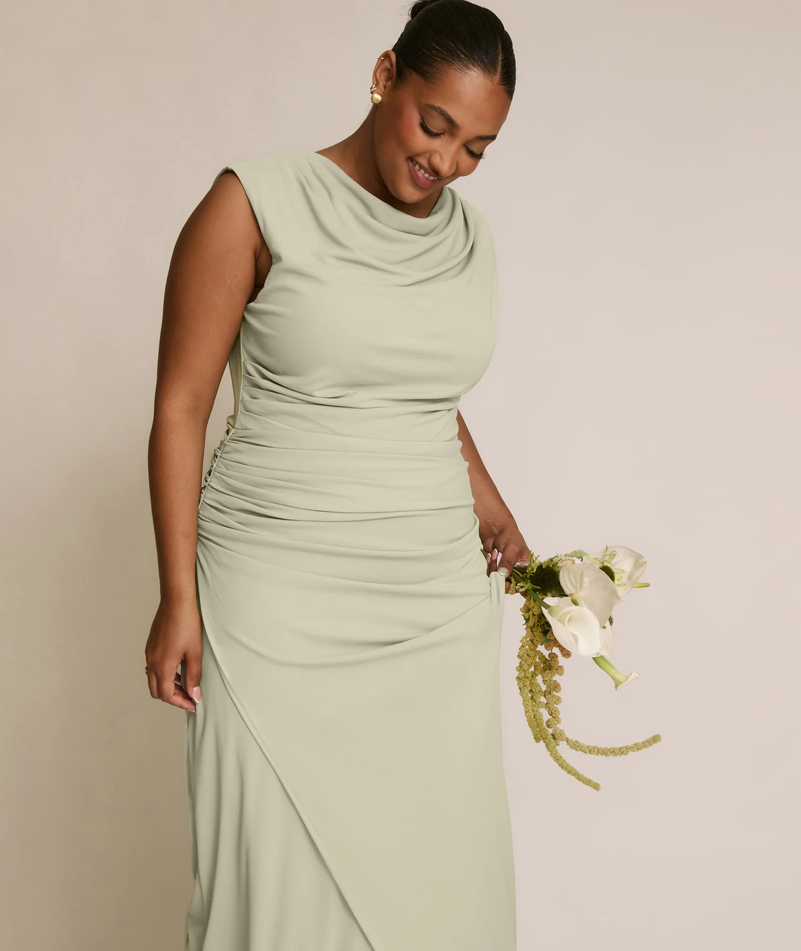 Cowl Wrap Neck Stretch Sculpt Bridesmaid Dress - Soft Sage - Image 5
