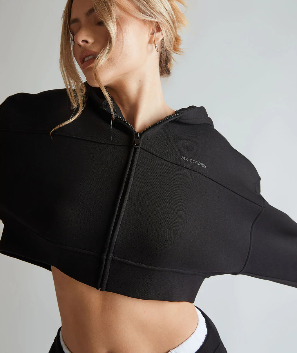 Cropped Zip Through Hoodie - Black - Image 5