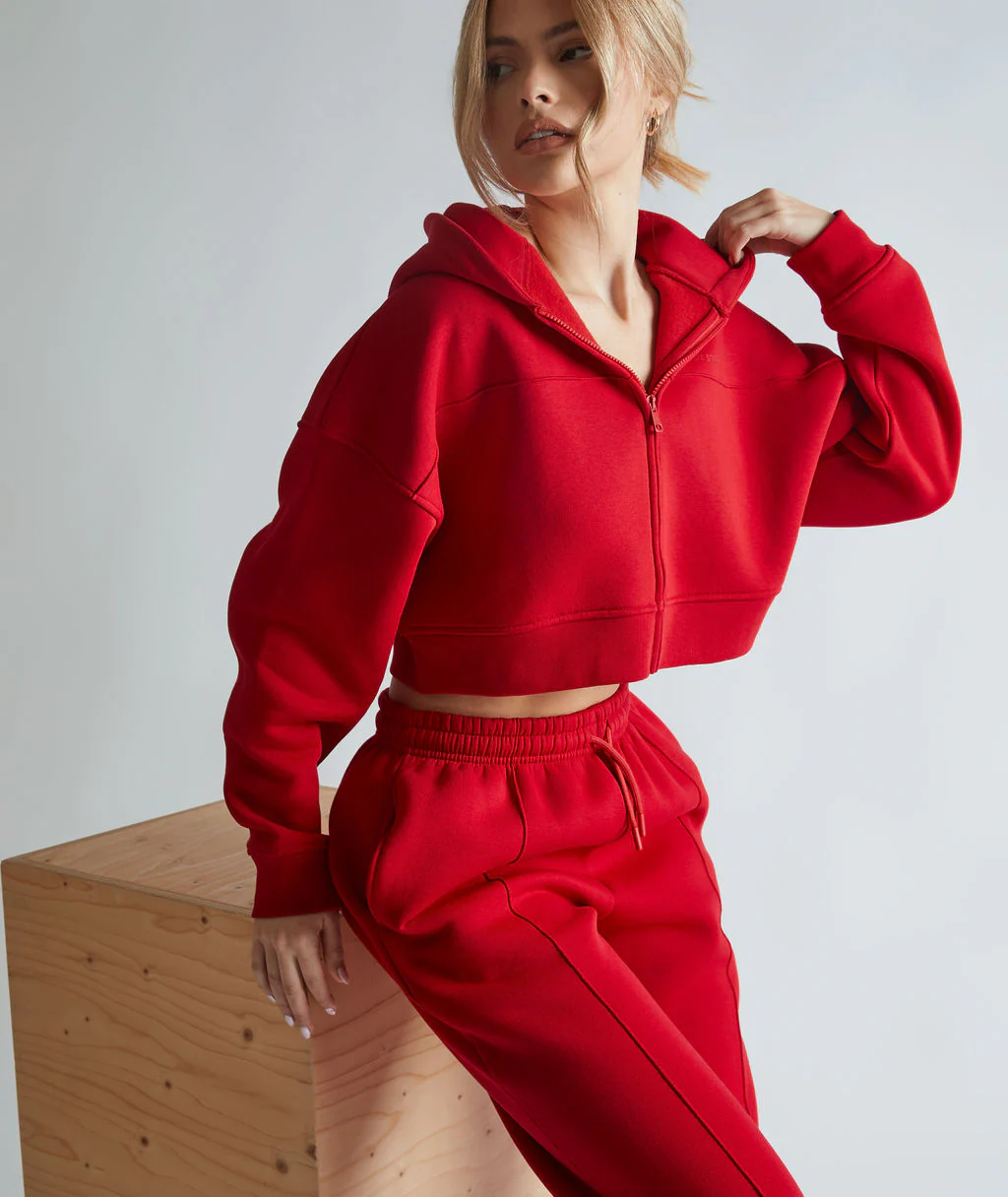 Cropped Zip Through Hoodie - Red - Image 2