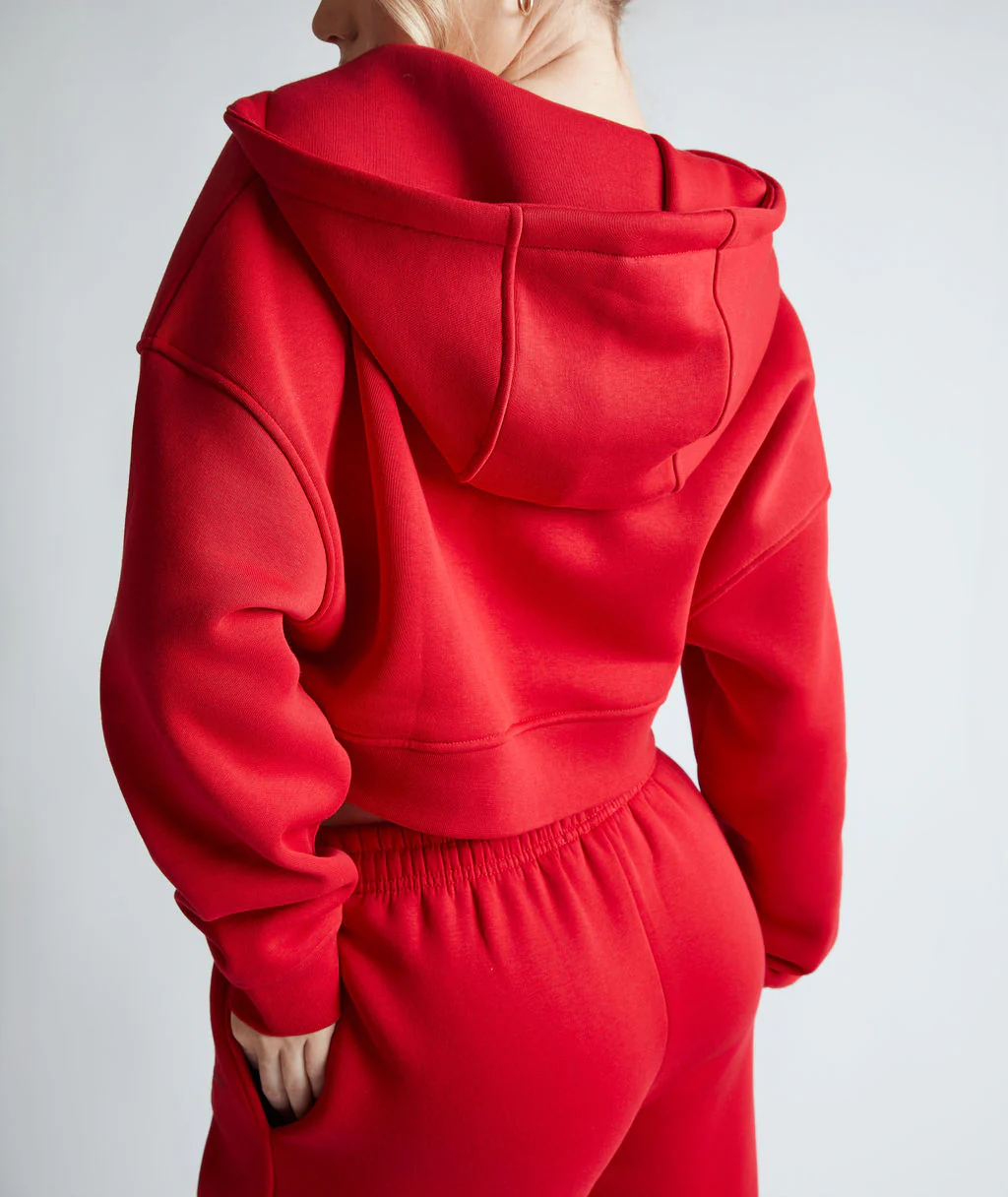 Cropped Zip Through Hoodie - Red - Image 3