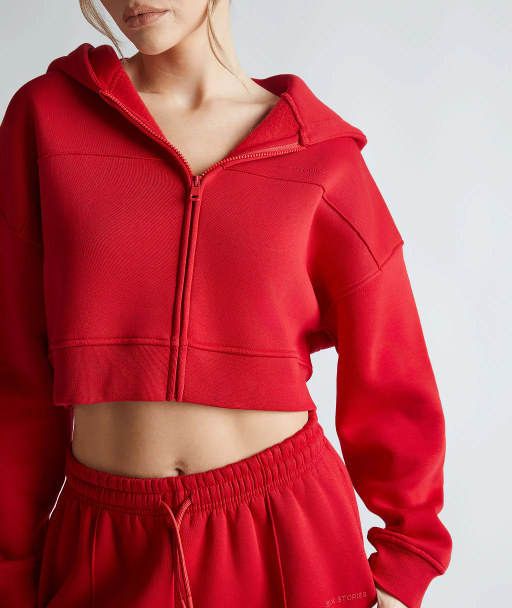 Cropped Zip Through Hoodie - Red - Image 4