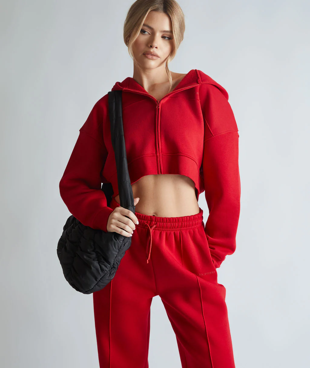 Cropped Zip Through Hoodie - Red - Image 5