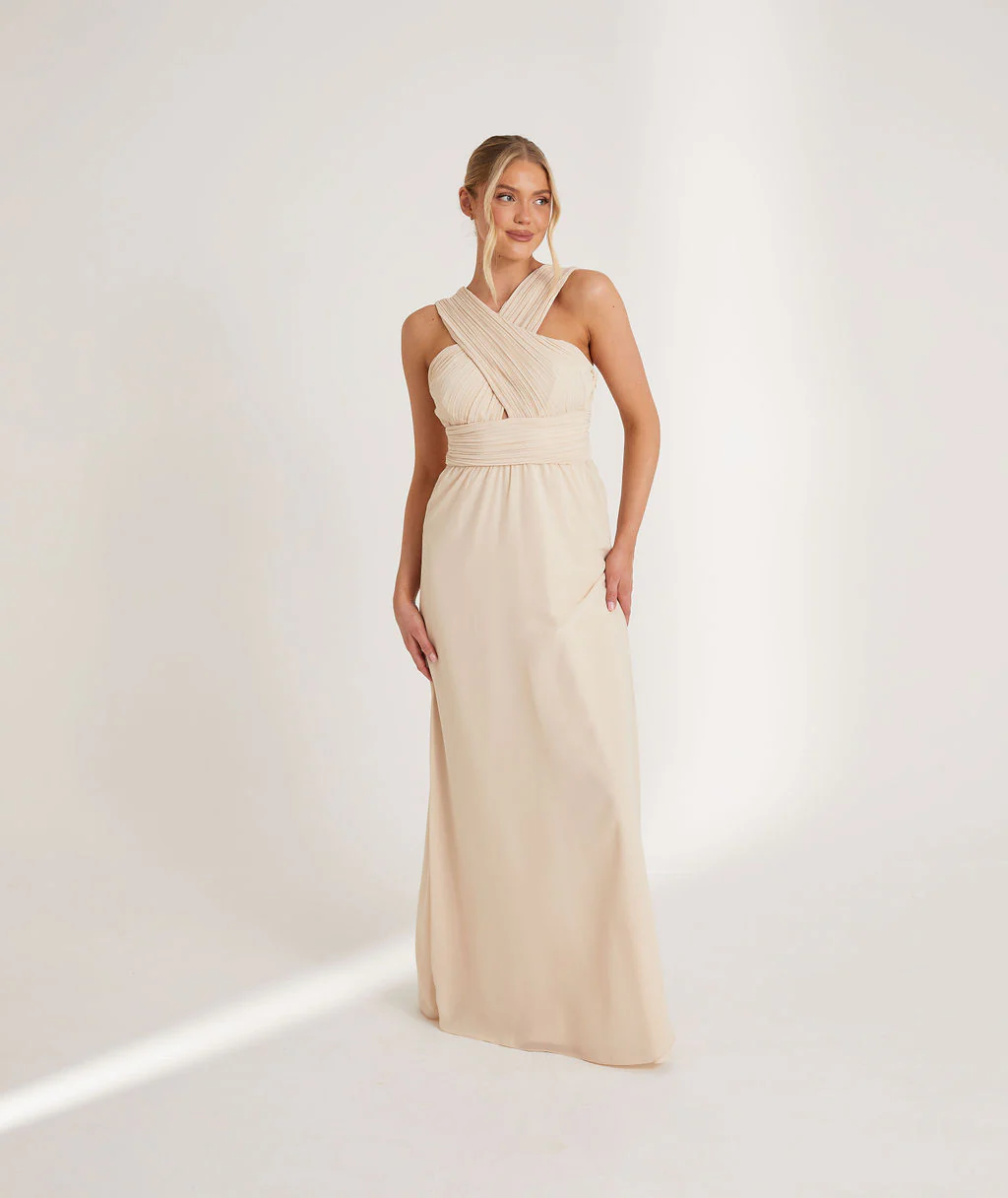 Cross Neck Chiffon Bridesmaid Dress - Butter Cream - Image 2