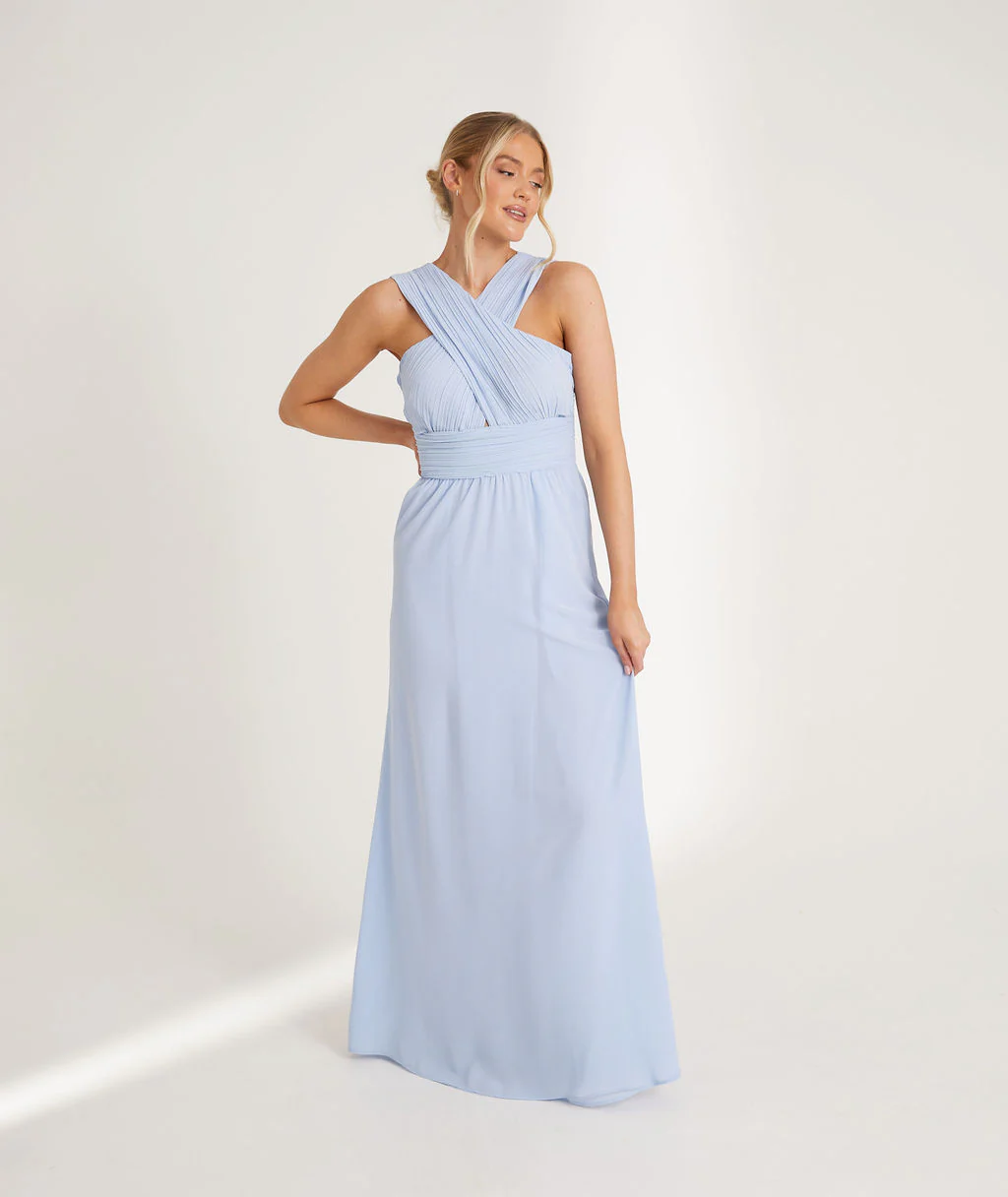 Cross Neck Chiffon Bridesmaid Dress - Cornflower Blue - Image 7