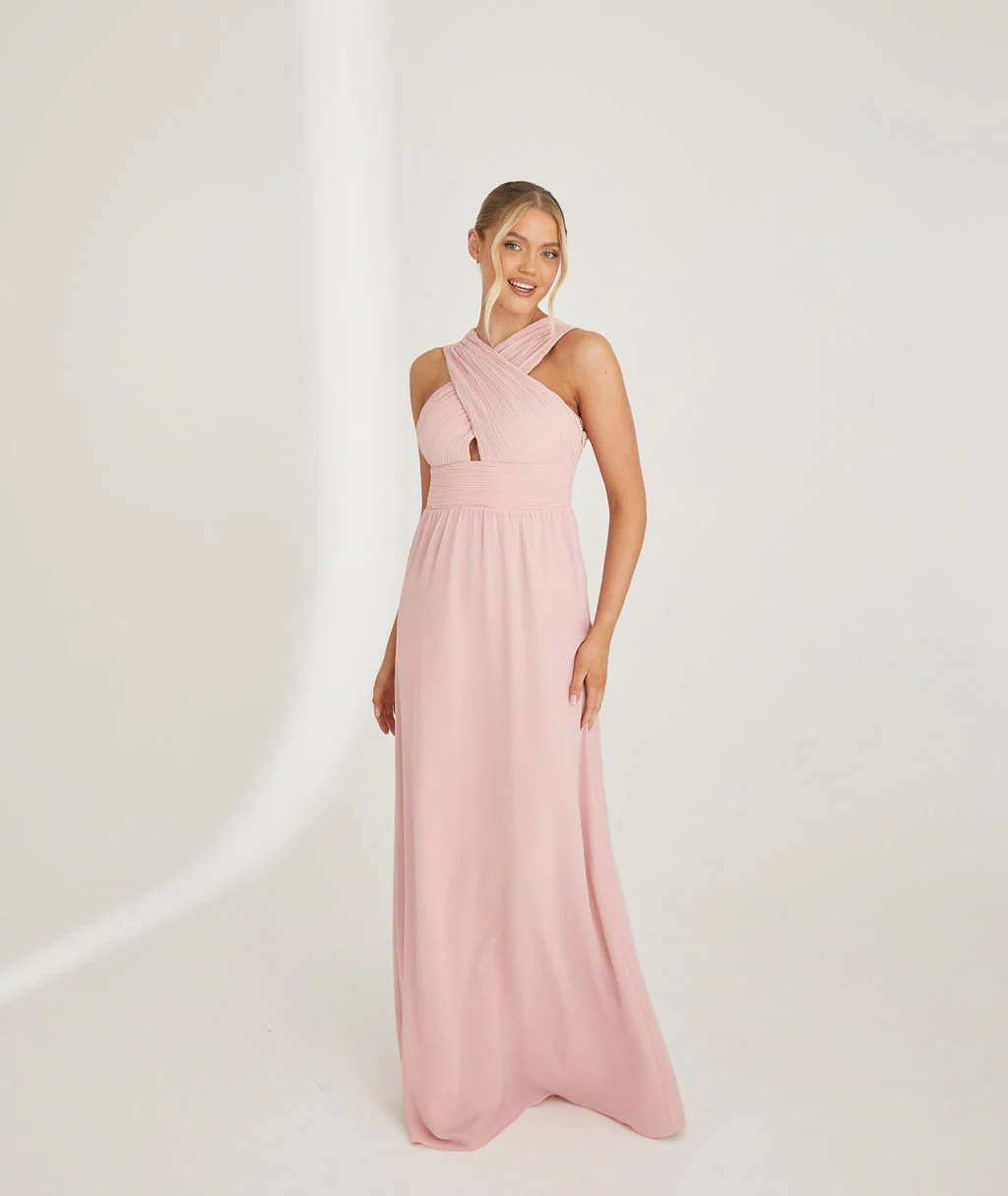 Cross Neck Chiffon Bridesmaid Dress - Peony Pink - Image 7
