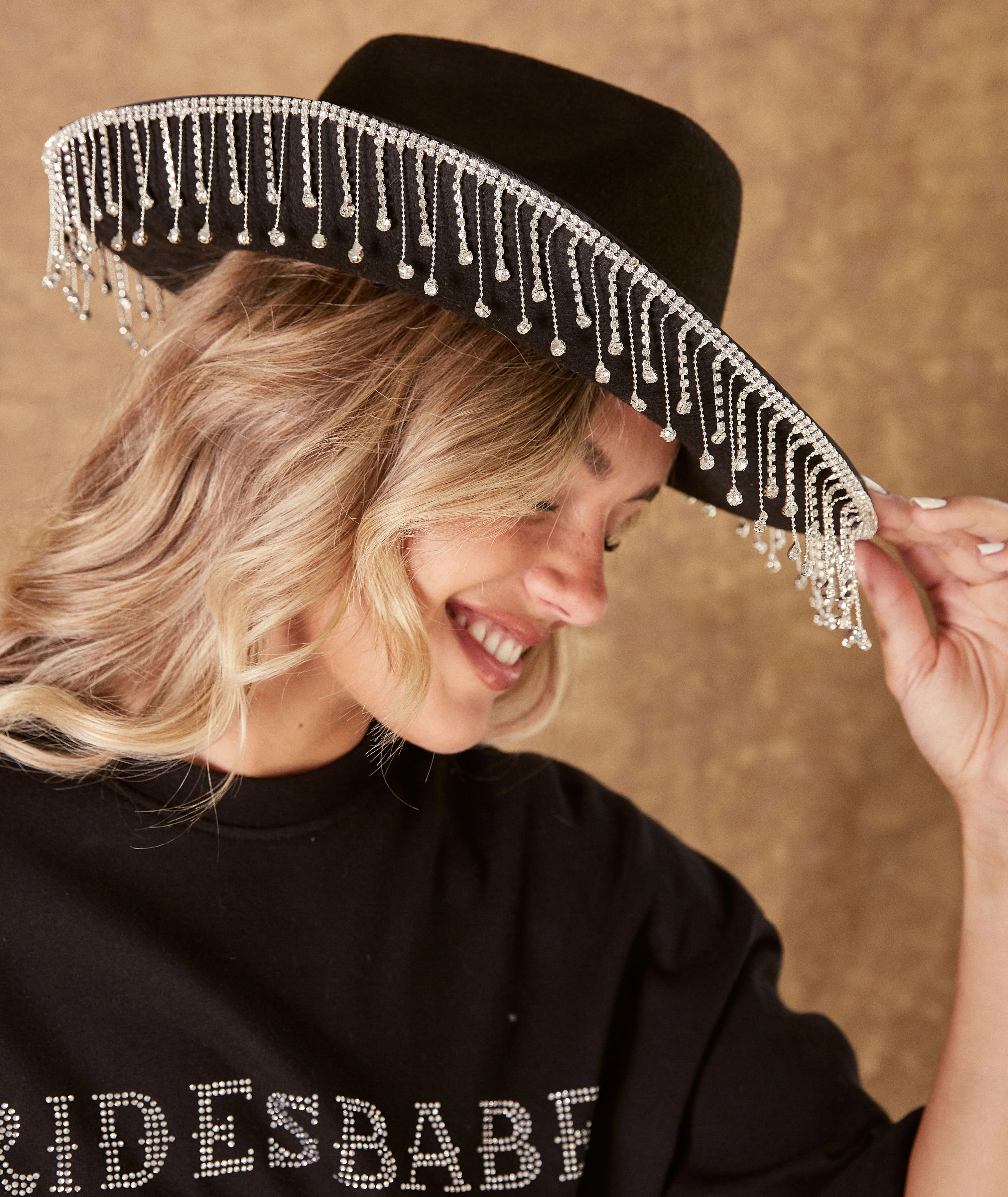 Diamante Tassel Cowboy Hat - Black - Image 3