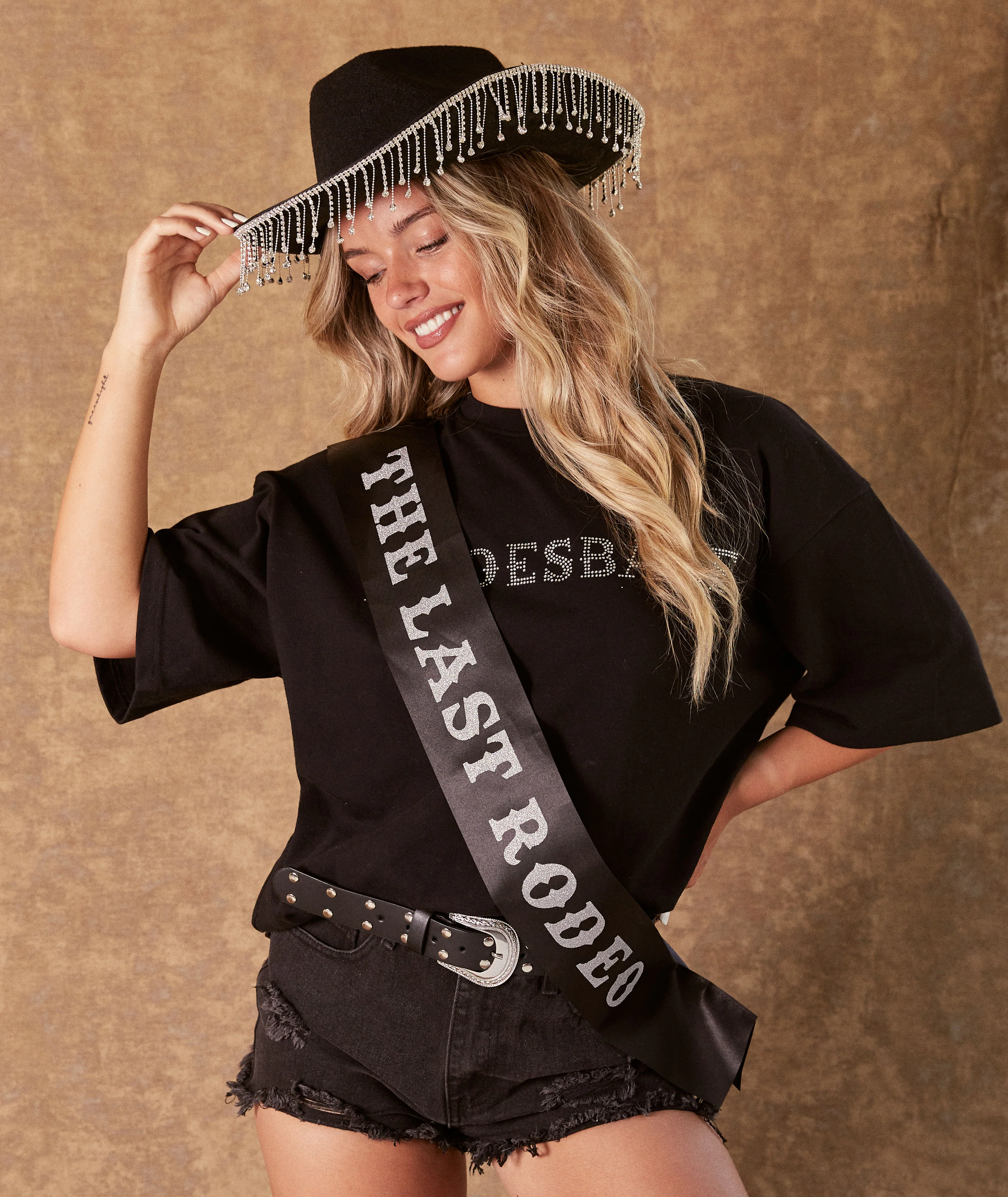 Diamante Tassel Cowboy Hat - Black - Image 5