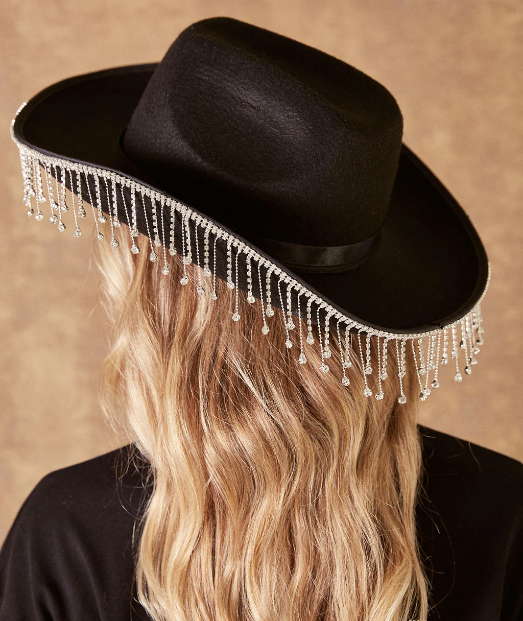 Diamante Tassel Cowboy Hat - Black - Image 6