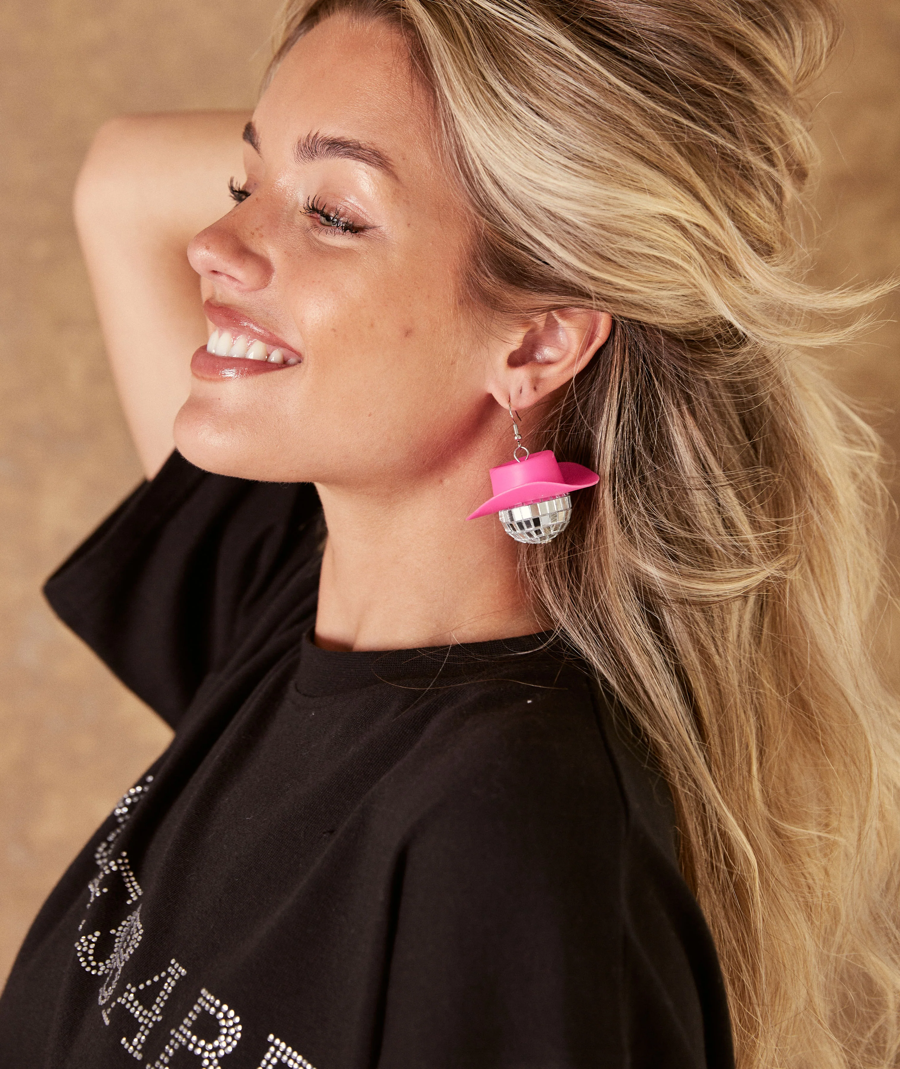 Disco Ball Cowboy Earrings - Pink - Image 3