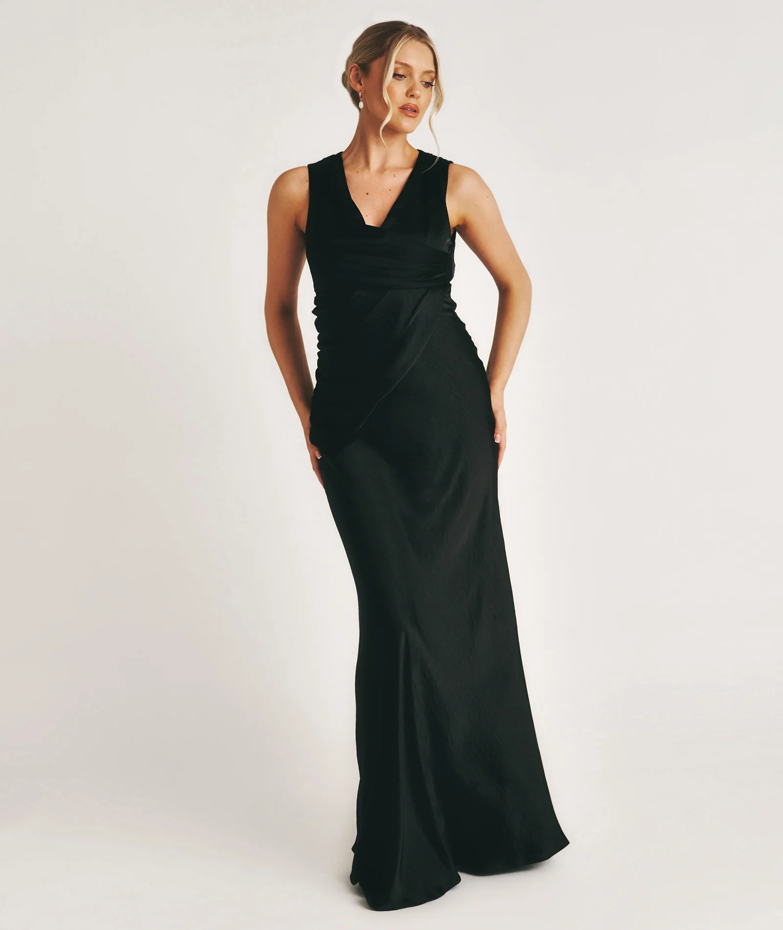 Drape Detail Satin Bridesmaid Dress - Black - Image 5