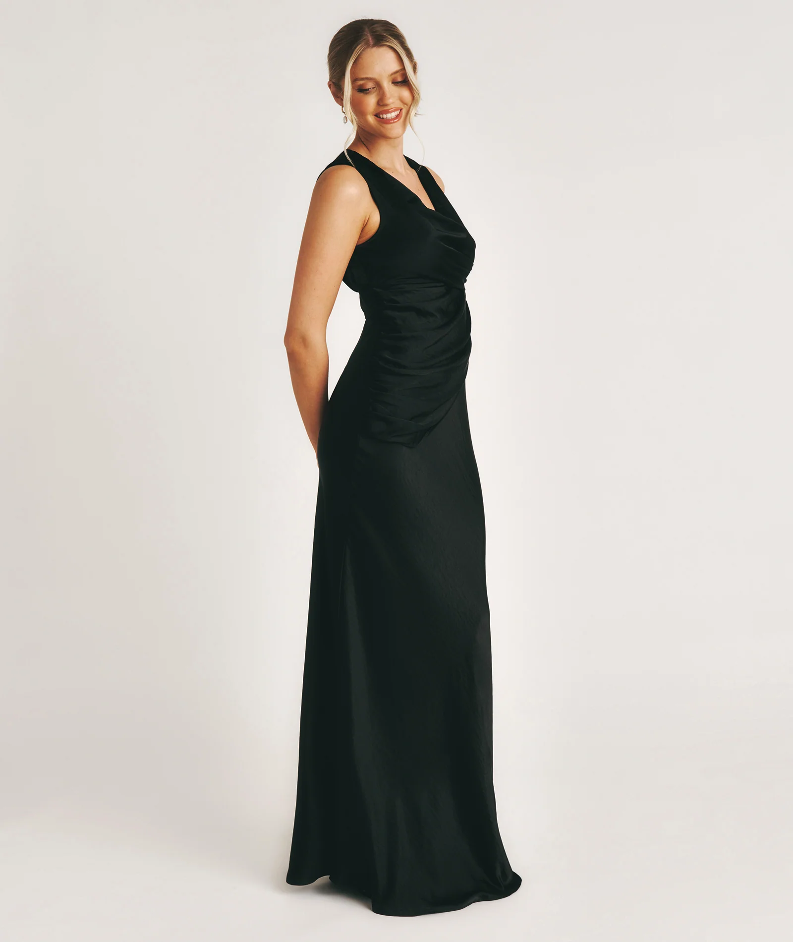 Drape Detail Satin Bridesmaid Dress - Black - Image 7