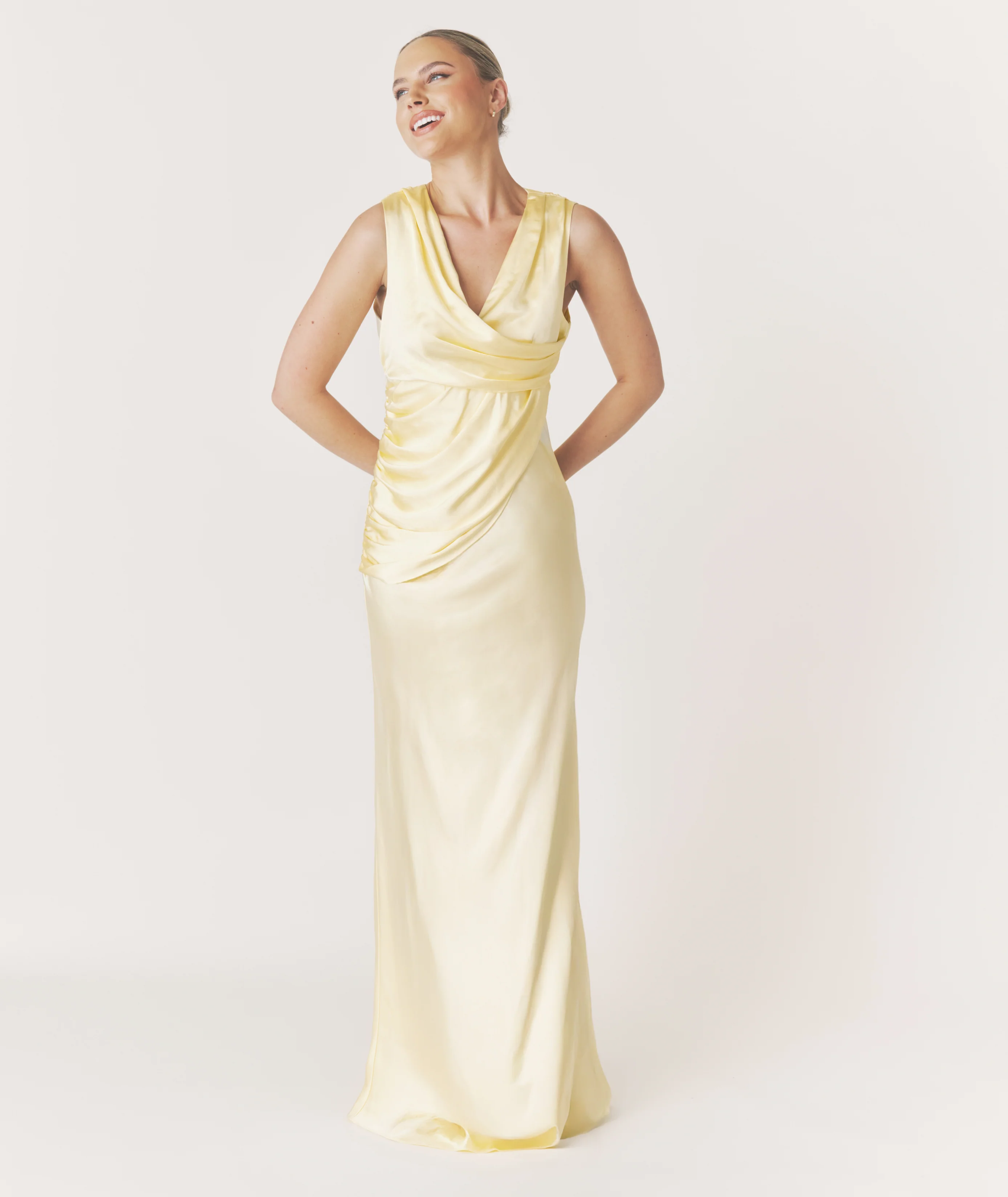 Drape Detail Satin Bridesmaid Dress - Butter Lemon - Image 3