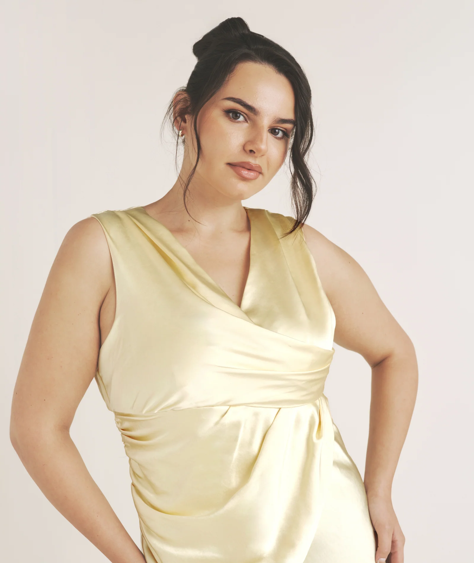 Drape Detail Satin Bridesmaid Dress - Butter Lemon - Image 4