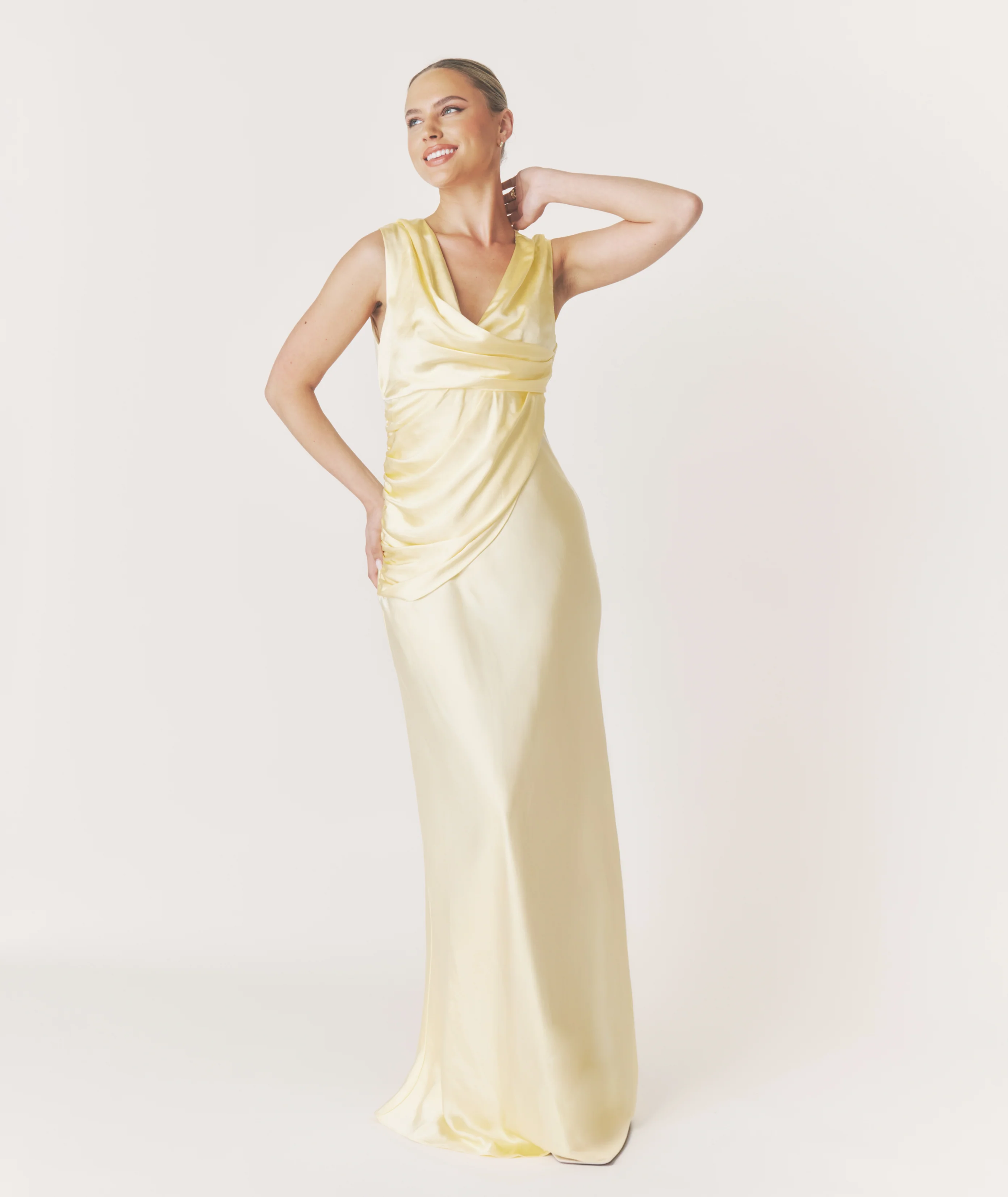 Drape Detail Satin Bridesmaid Dress - Butter Lemon - Image 5