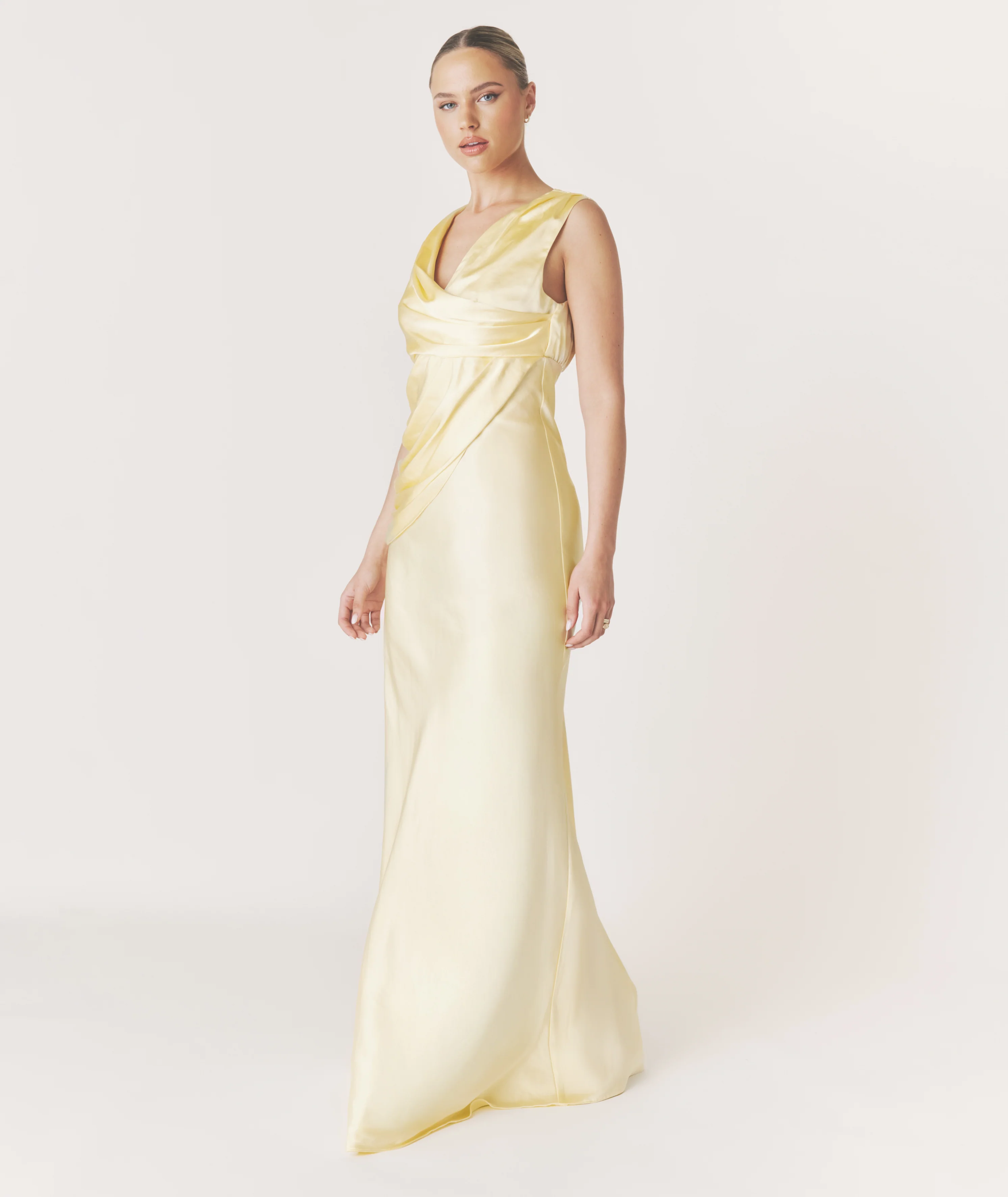 Drape Detail Satin Bridesmaid Dress - Butter Lemon - Image 7