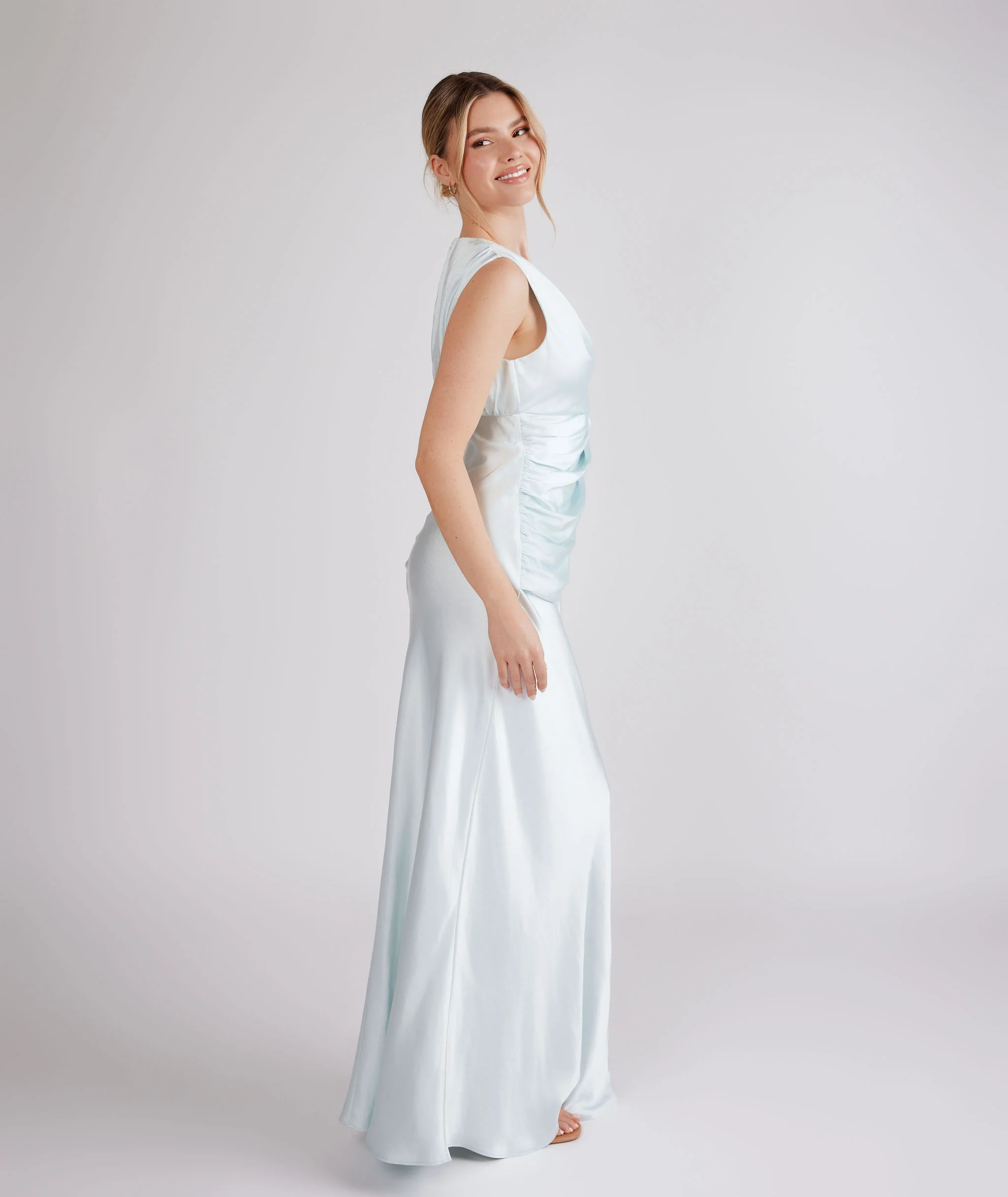 Drape Detail Satin Bridesmaid Dress - Ice Blue - Image 4