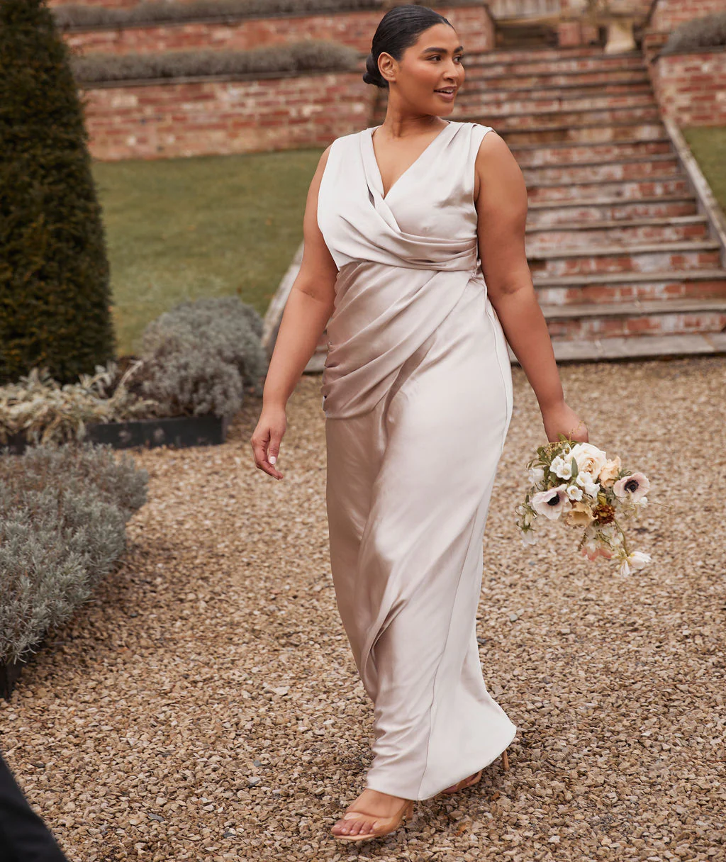 Drape Detail Satin Bridesmaid Dress - Oyster - Image 3