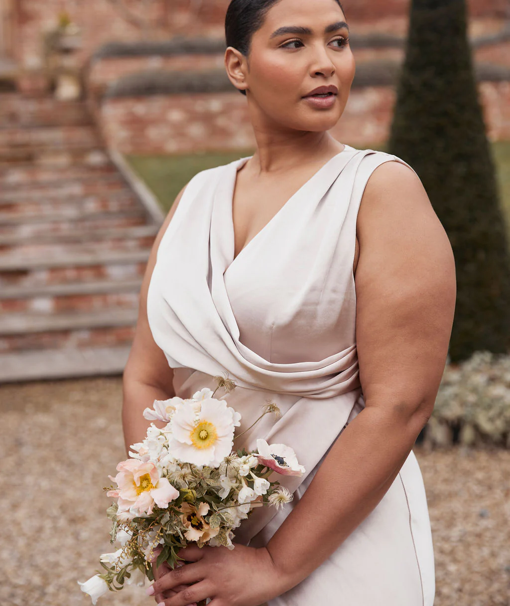 Drape Detail Satin Bridesmaid Dress - Oyster - Image 4
