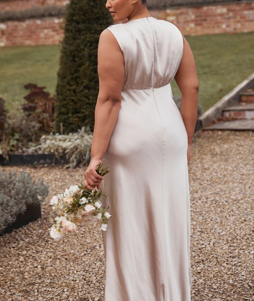 Drape Detail Satin Bridesmaid Dress - Oyster - Image 5