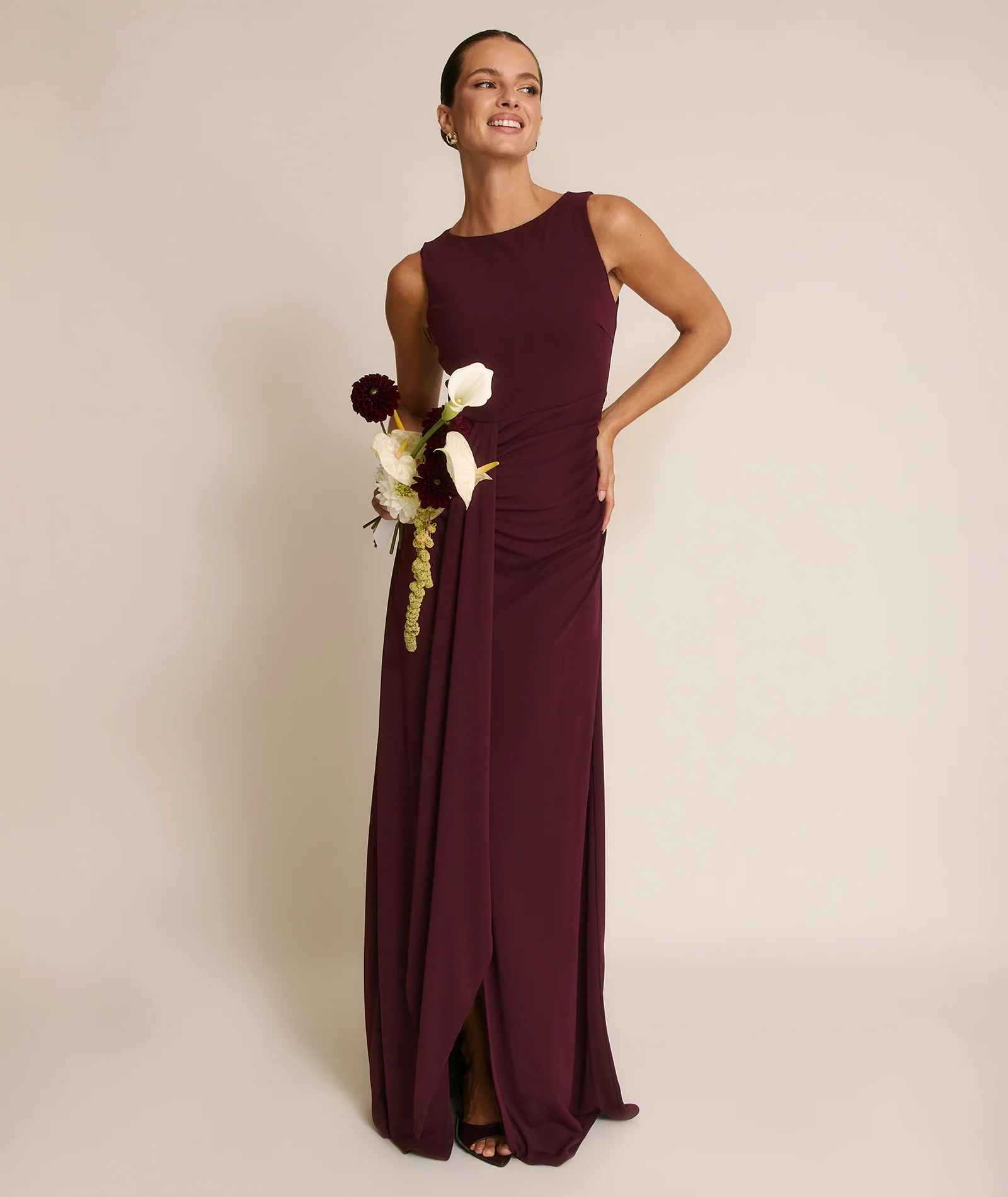 Drape Detail Stretch Sculpt Bridesmaid - Merlot - Image 2