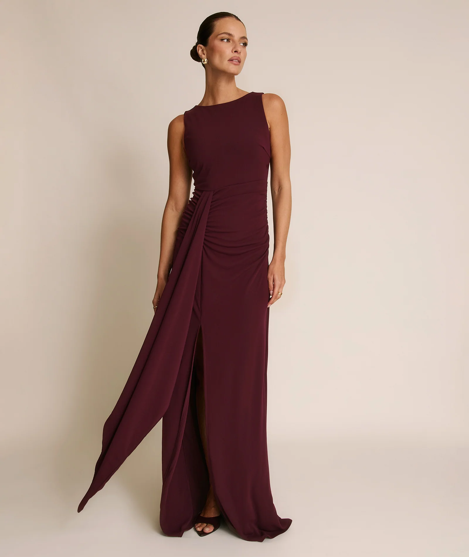 Drape Detail Stretch Sculpt Bridesmaid - Merlot - Image 6