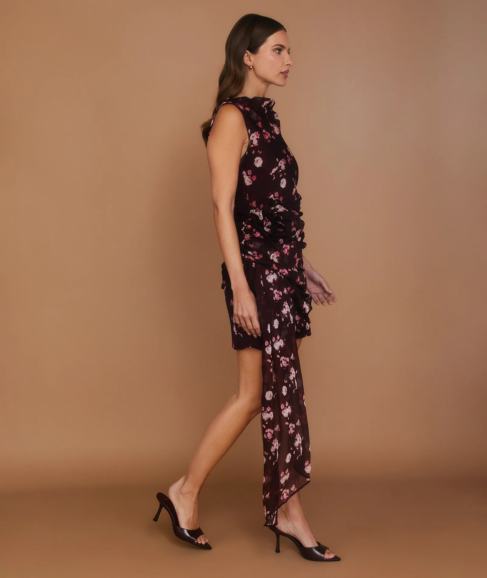 Floral Corsage Drape Mini Dress - Wine - Image 6