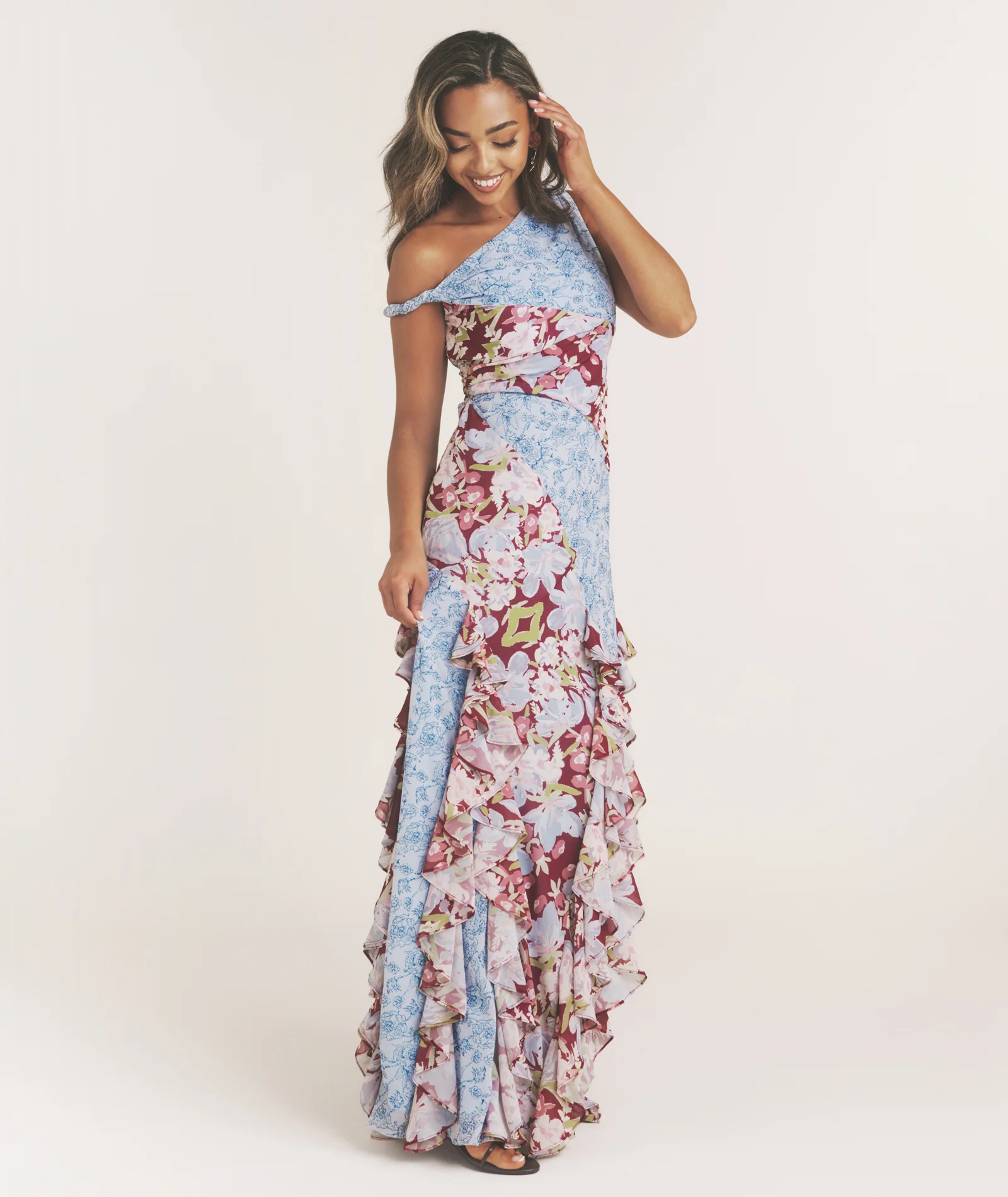 Floral Mixed Print Ruffle Dress - Pale Blue - Image 5