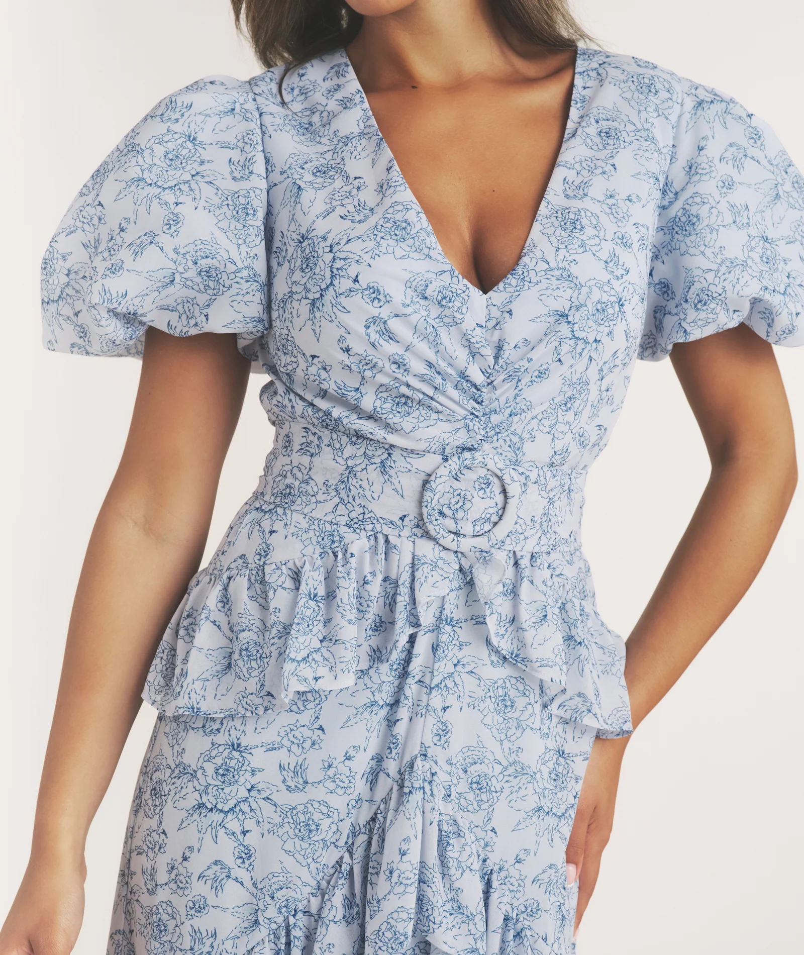 Floral Plunge Belted Ruffle Maxi Dress - Pale Blue - Image 2