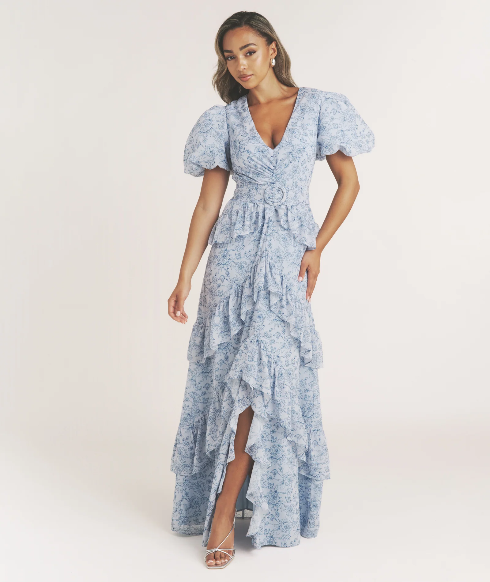 Floral Plunge Belted Ruffle Maxi Dress - Pale Blue - Image 3