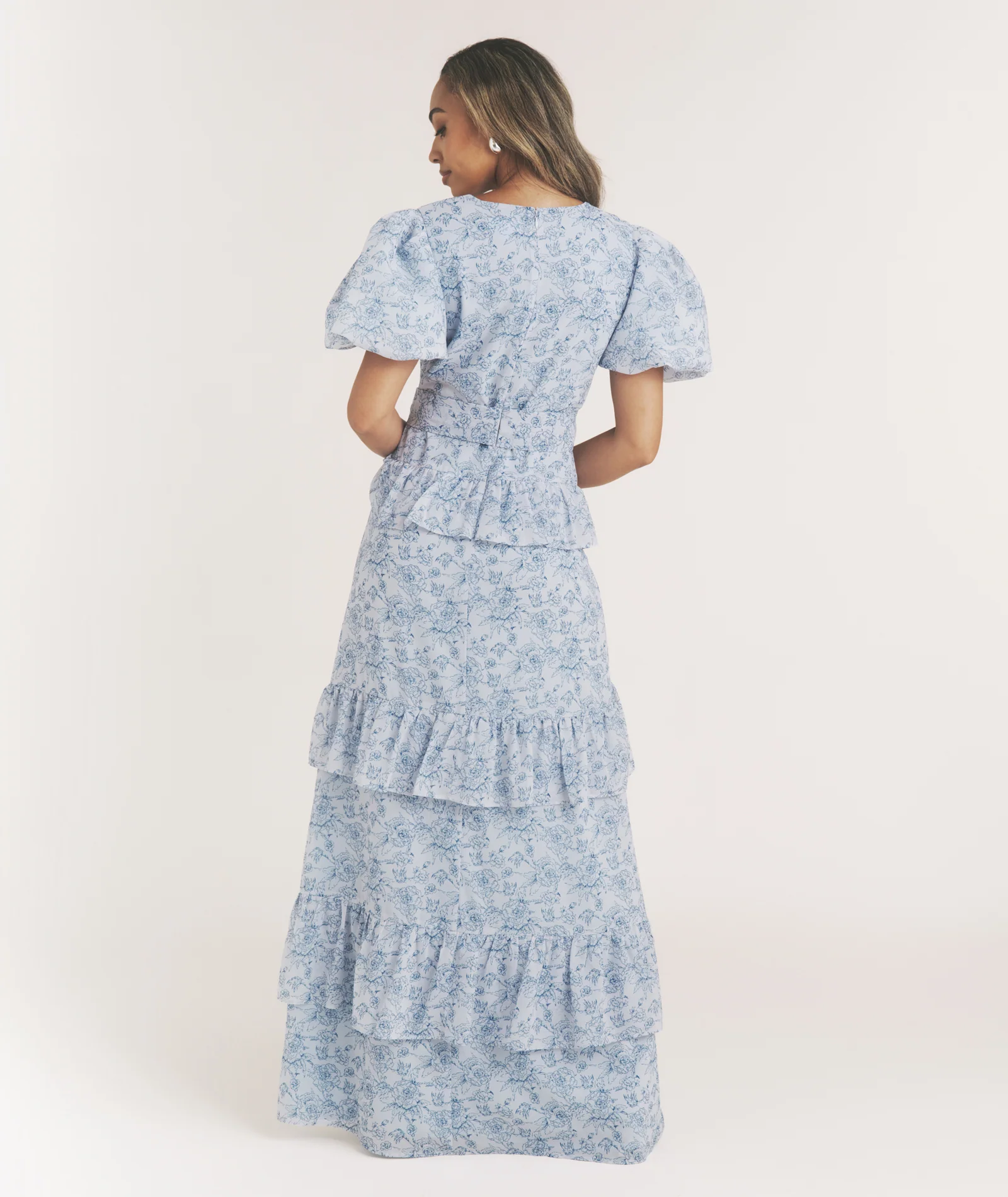 Floral Plunge Belted Ruffle Maxi Dress - Pale Blue - Image 4
