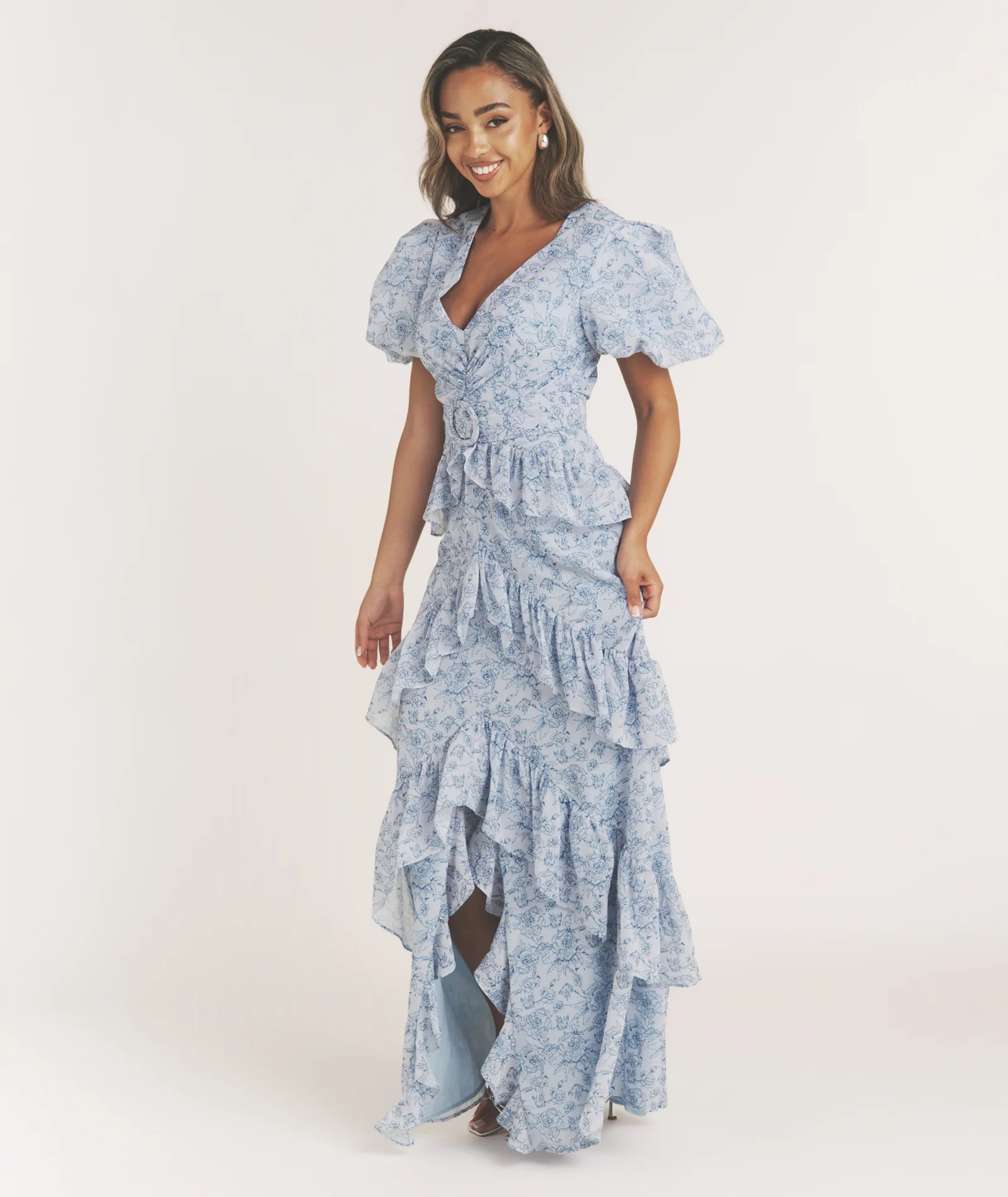 Floral Plunge Belted Ruffle Maxi Dress - Pale Blue - Image 5