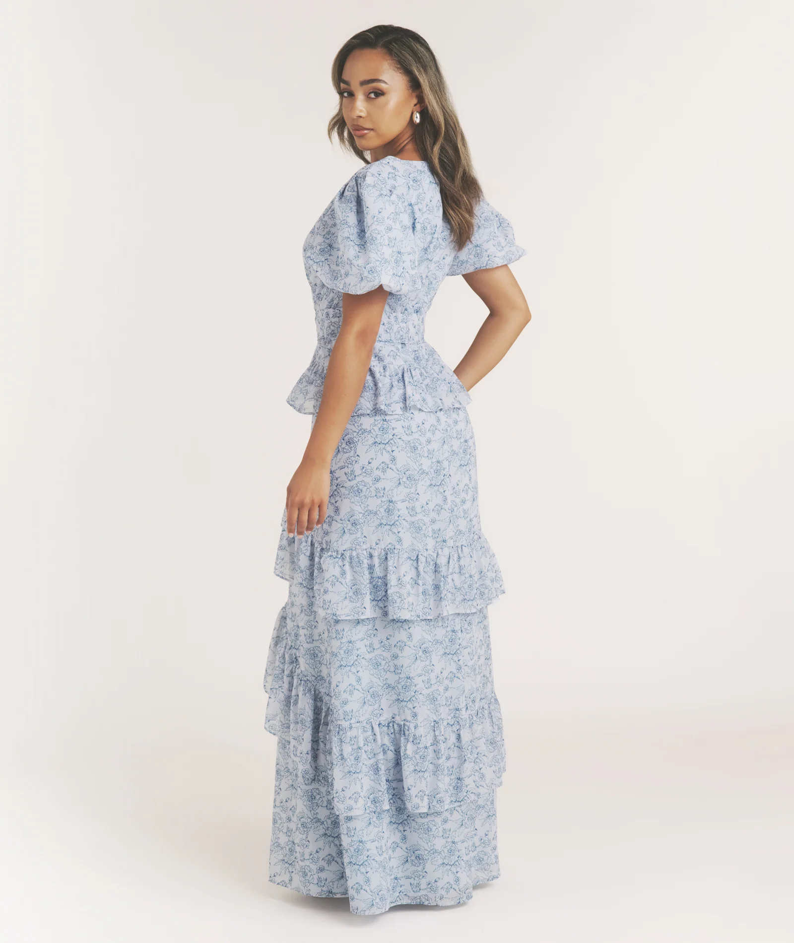 Floral Plunge Belted Ruffle Maxi Dress - Pale Blue - Image 6