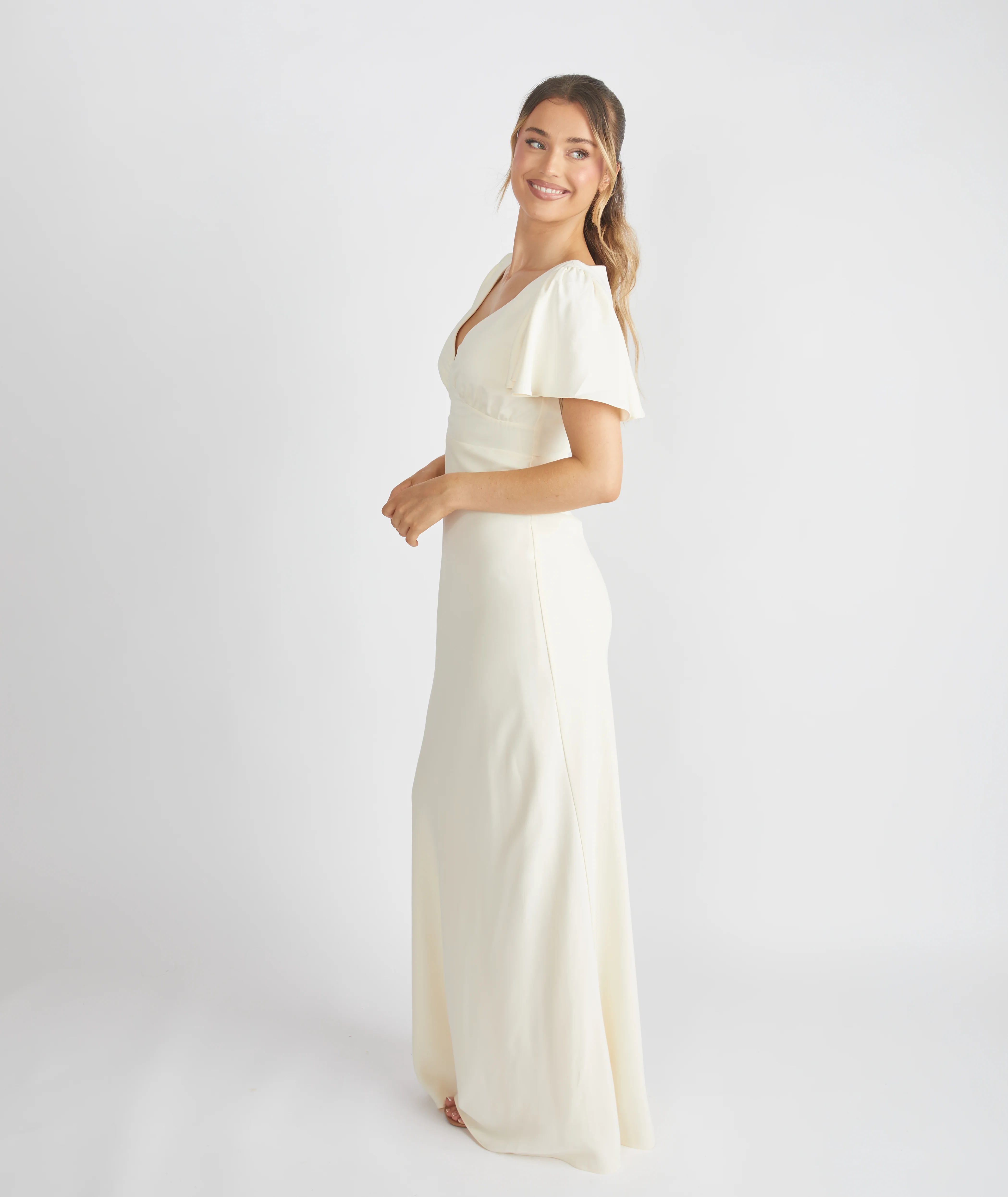 Flutter Sleeve Crepe Bridesmaid Dress - Almond - Image 2